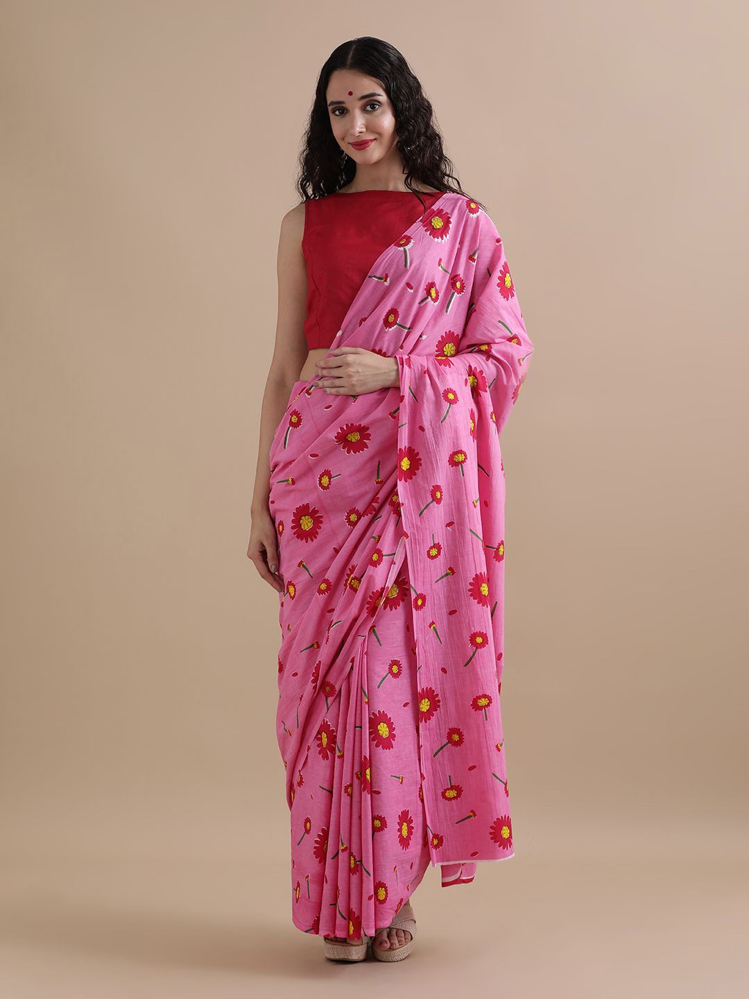 

Jaipur Kurti Mulmul Cotton Floral Printed Saree, Pink