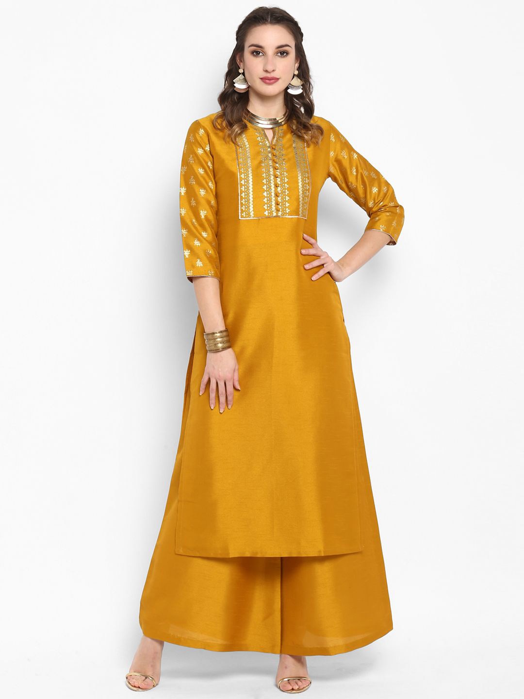

KALINI Women's Silk Blend Foil Printed Kurta with Palazzo and Dupatta, Mustard