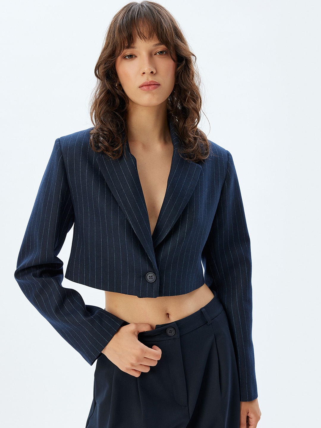 

Koton Women Striped Longline Tailored Jacket, Navy blue