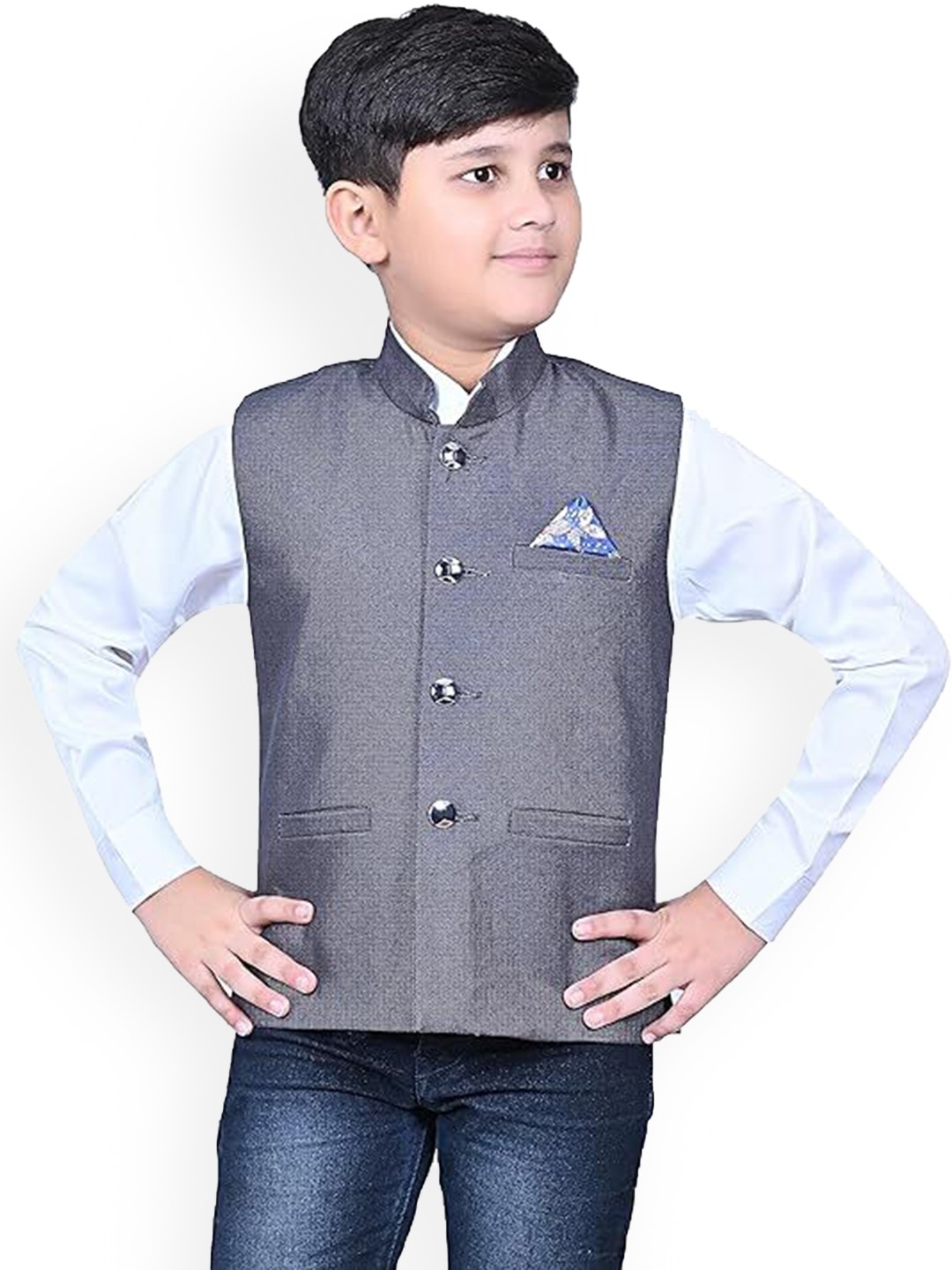 

Eliq Boys Mandarin Collar Corduroy Nehru Jacket, Grey