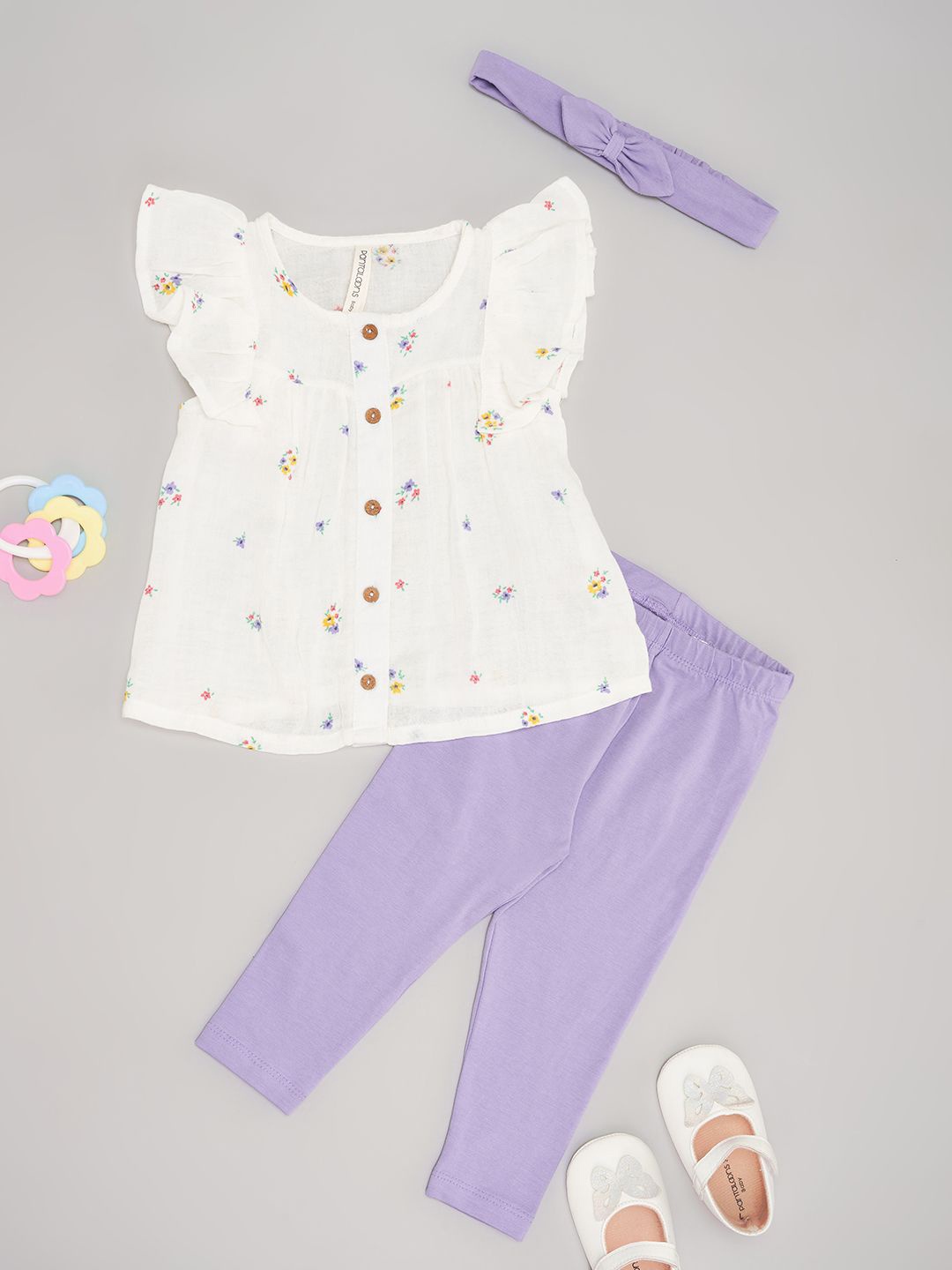 

Pantaloons Baby Girls Printed Pure Cotton Top with Trousers, Off white