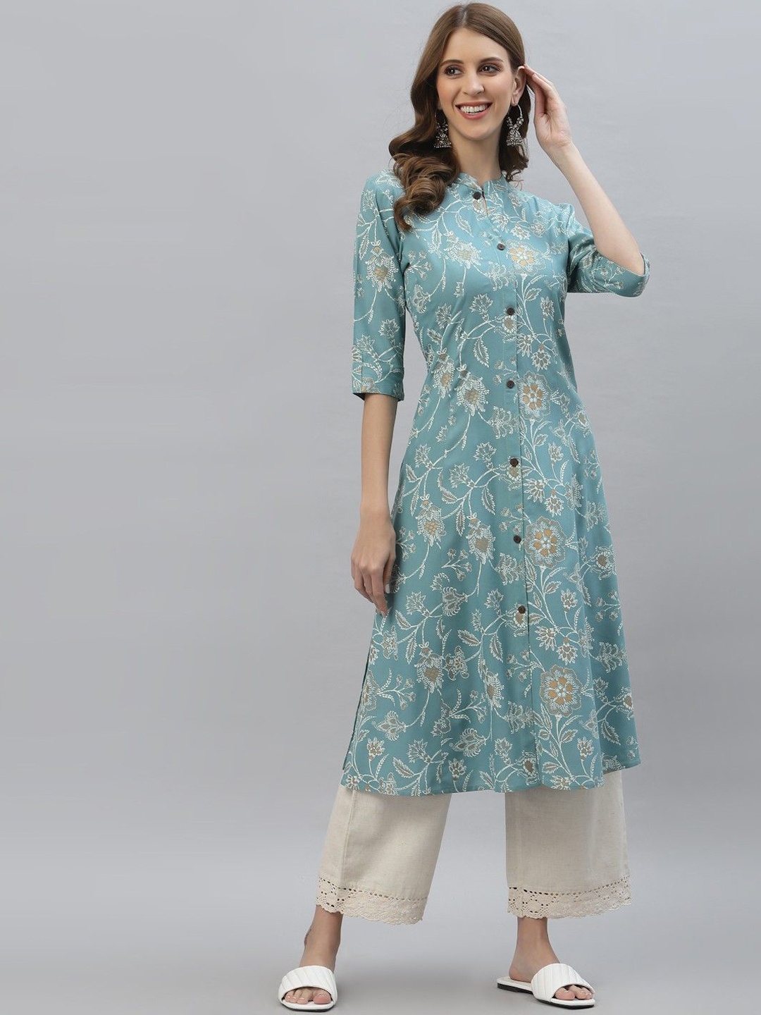 

JAI KURTIES Floral Printed Sequinned Mandarin Collar A-Line Kurta, Blue