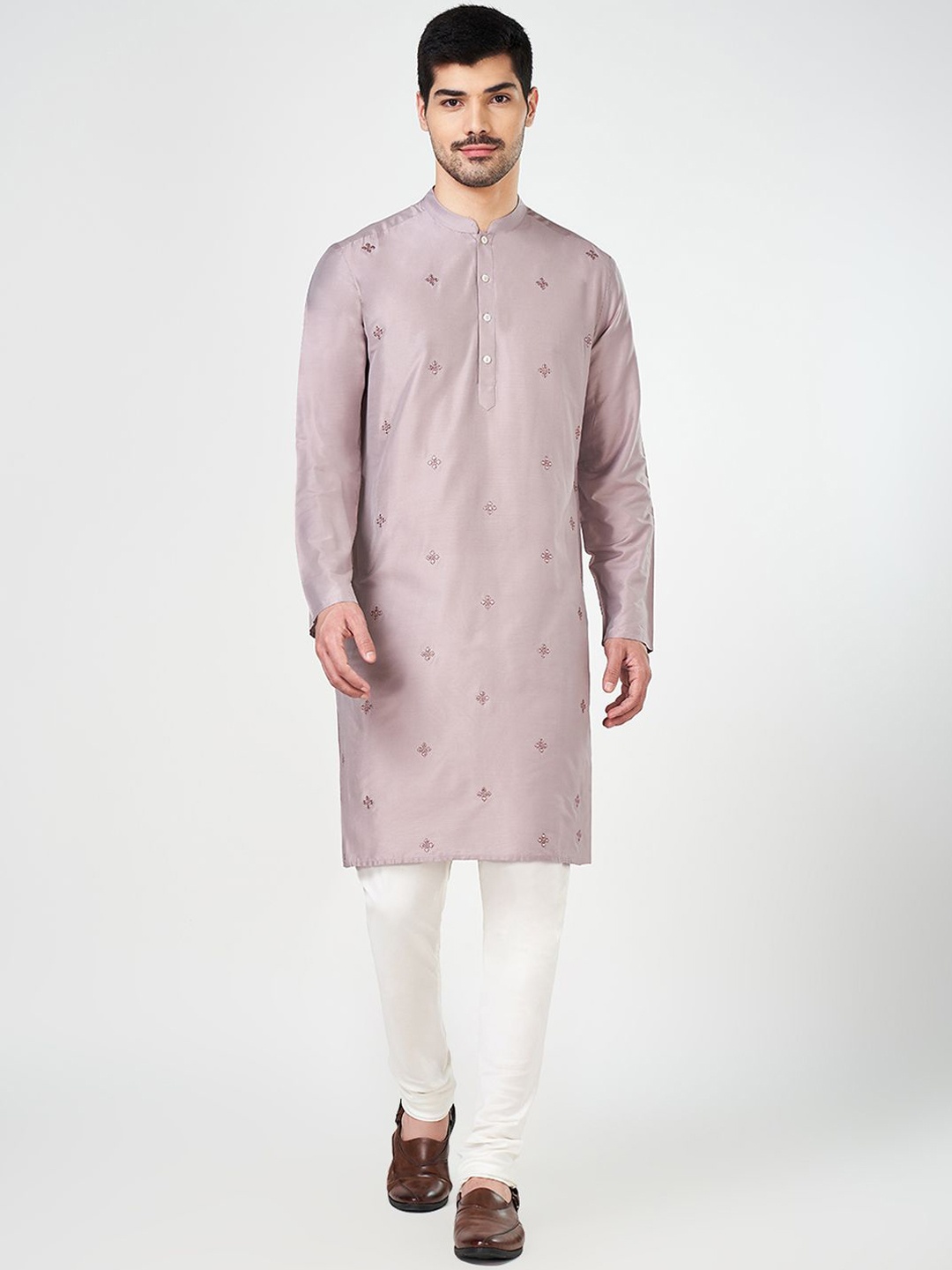 

indus route by Pantaloons Floral Woven Design Mandarin Collar Mirror Work Straight Kurta, Lavender