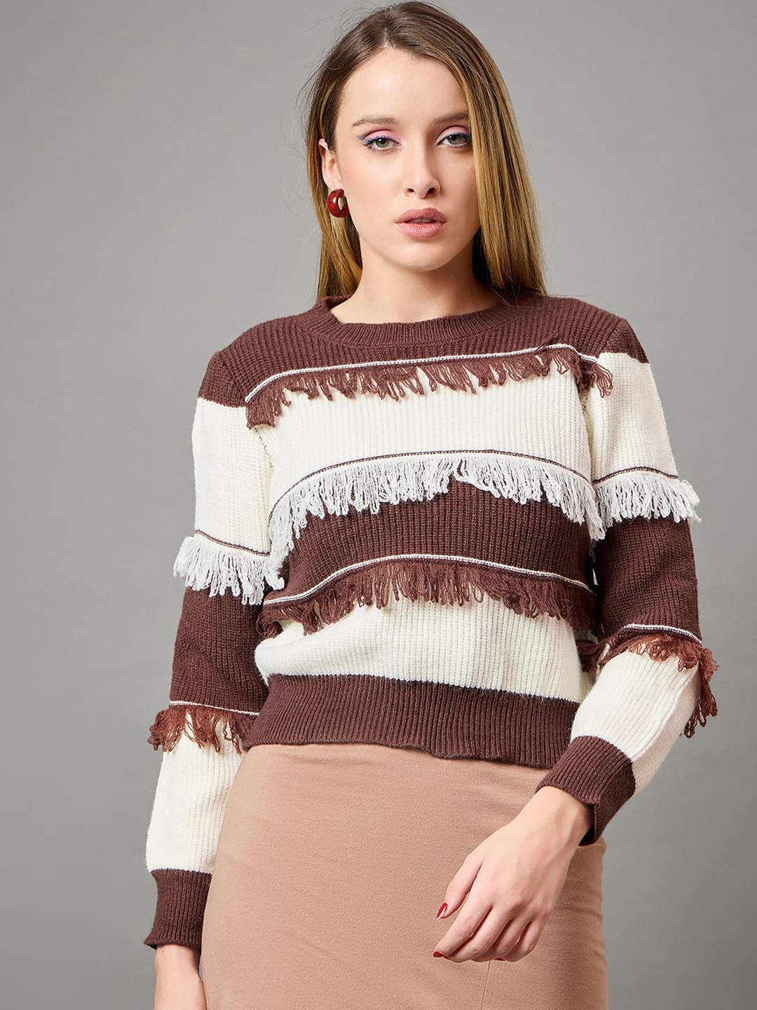 

KASMA Women Colourblocked Woollen Pullover, Brown