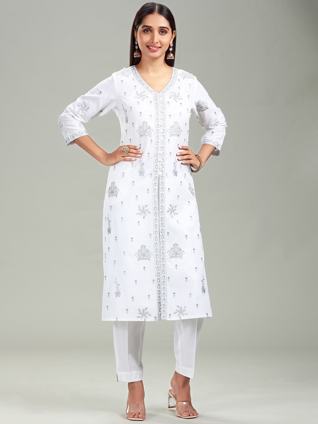 

COTTON CULTURE Floral Embroidered Pure Cotton A-Line Kurta With Trouser, White