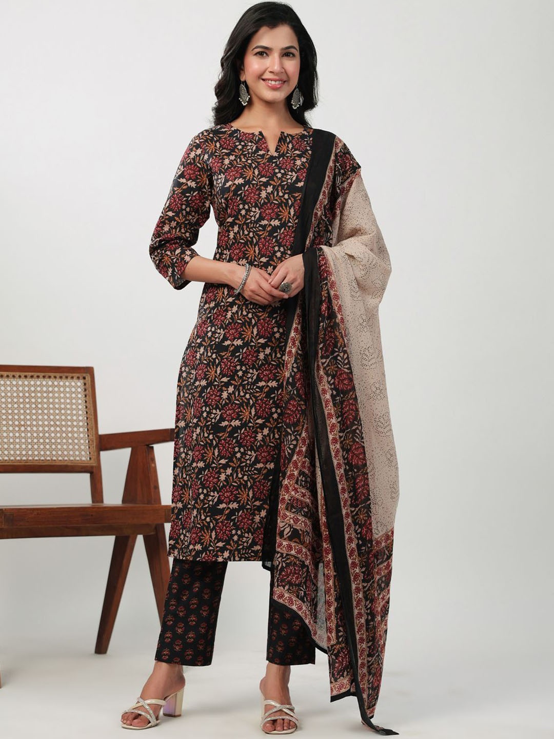 

KALINI Floral Printed Pure Cotton Kurta with Trouser & Dupatta, Black