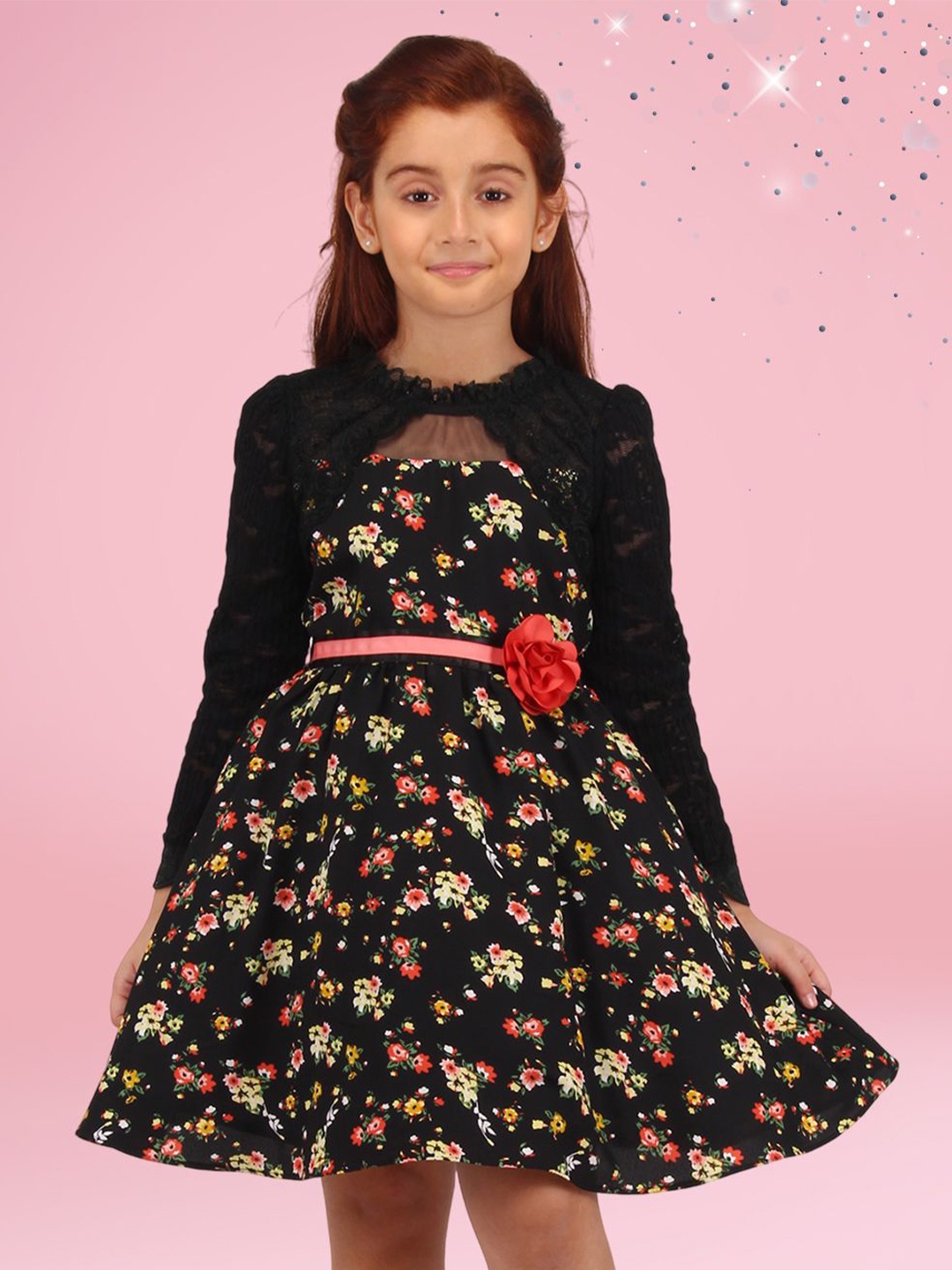 

CUTECUMBER Girls Floral Printed Applique Net Fit & Flare Dress, Black