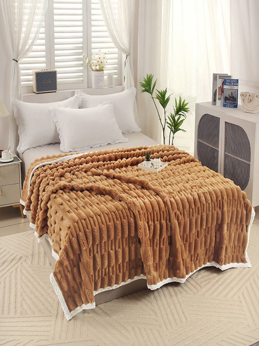 

JC HOME Camel Brown & White AC Room 400 GSM Double Bed Blanket