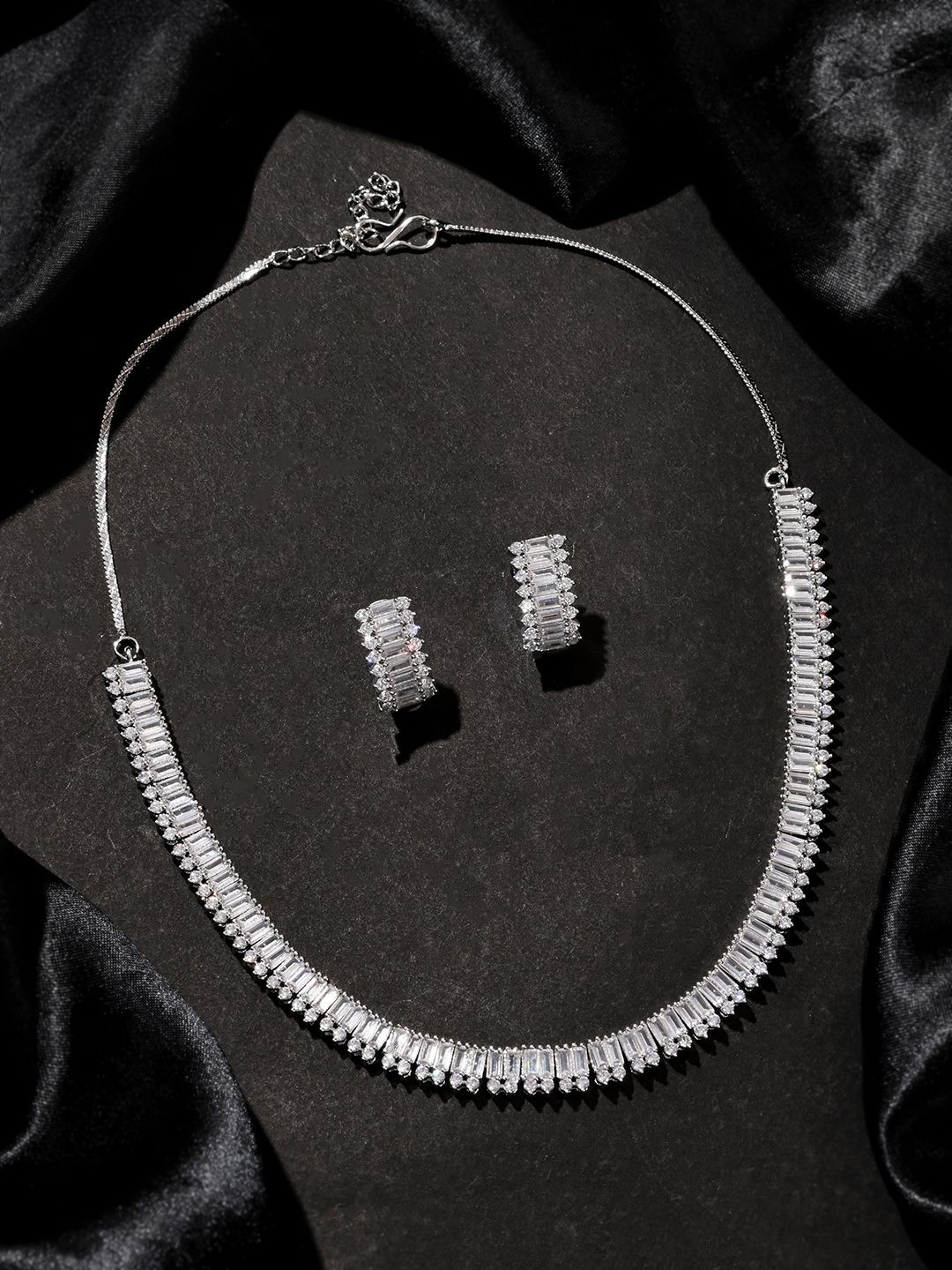 

Voylla Rhodium Plated American Diamond Stone Studded Jewellery Set, Silver