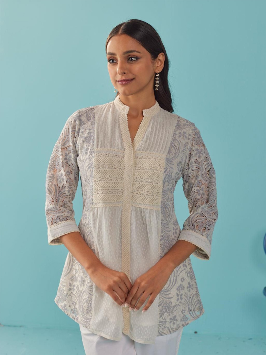 

Lakshita Women Cotton Self Design Mandarin Collar Sheer Tunic, Blue