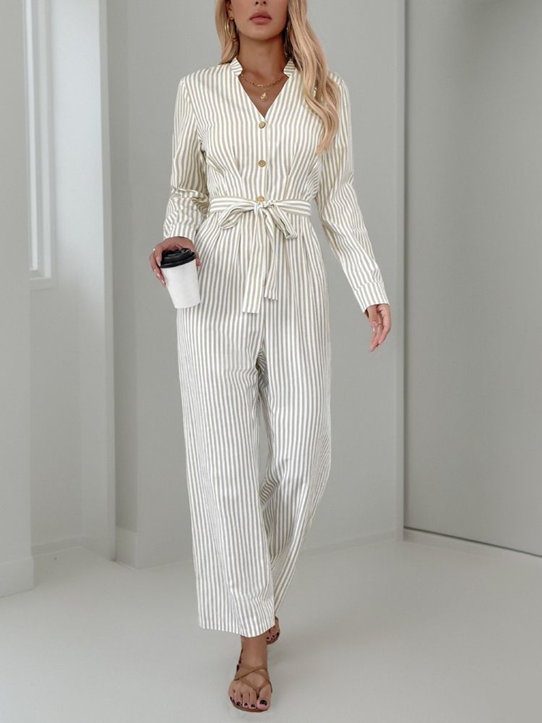 

LULU & SKY Women Striped Basic Jumpsuit, Beige