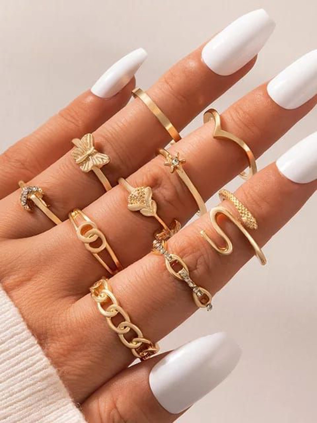 

YU FASHIONS Set Of 10 Stainless Steel Gold-Plated Snake & Animal Butterfly Studded Rings