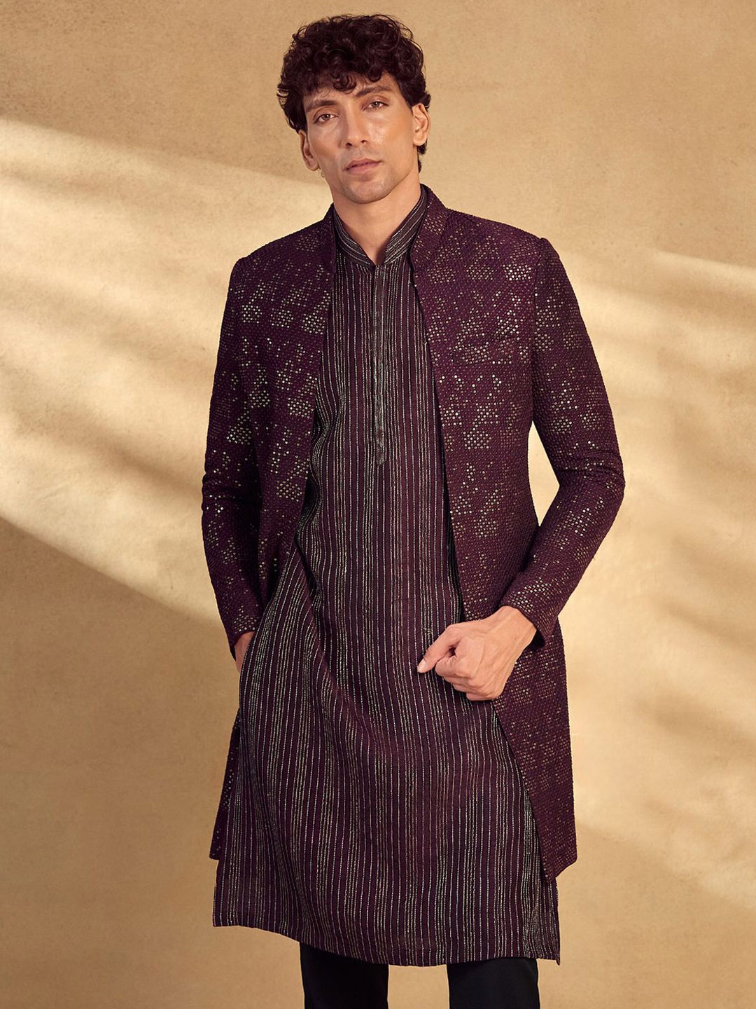 

Alaya Advani Men Sequined Embellished Sherwani Set, Purple