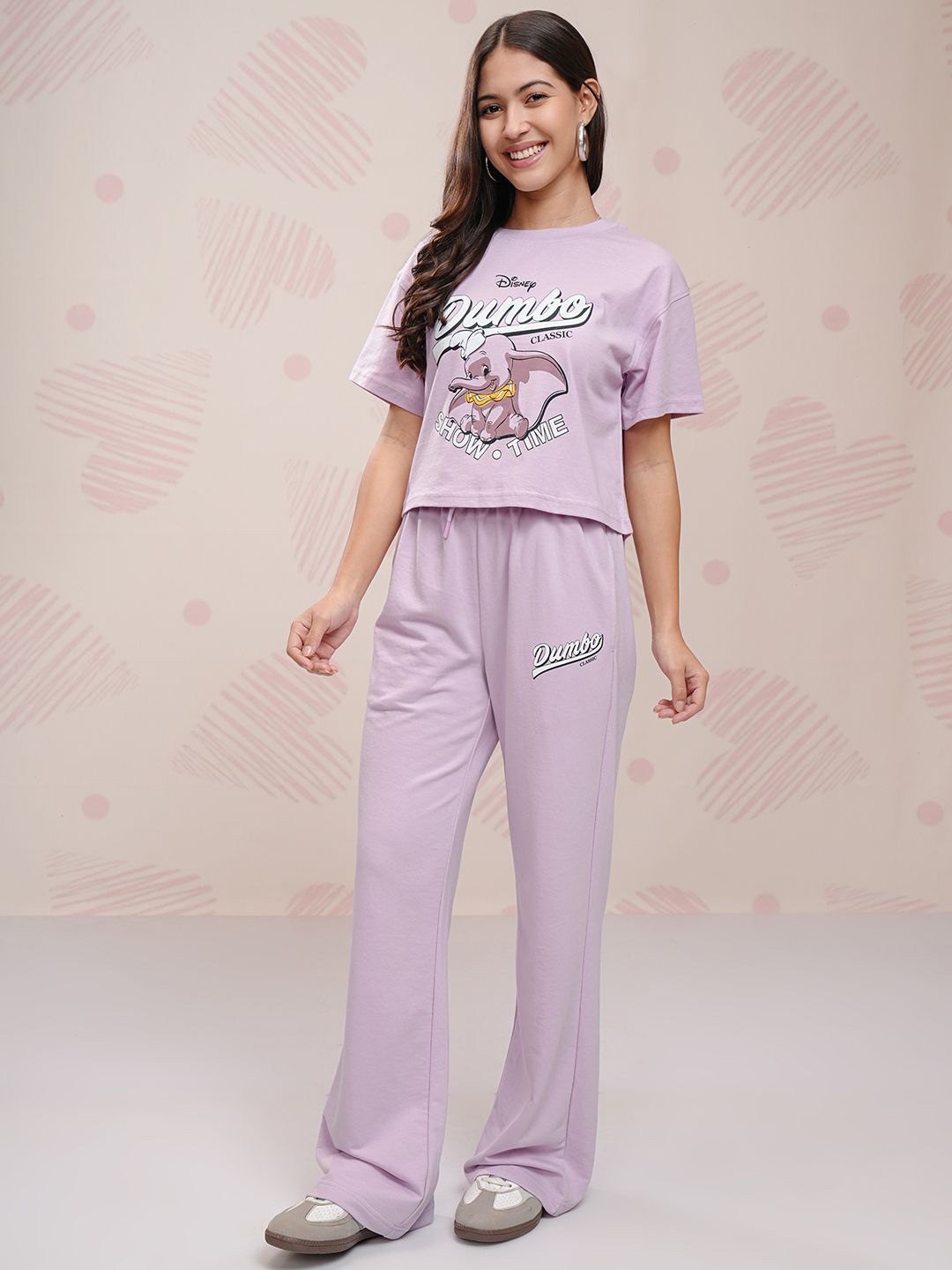 

Tokyo Talkies Lavender Dumbo Printed Round Neck Short Sleeves T-Shirt With Trouser