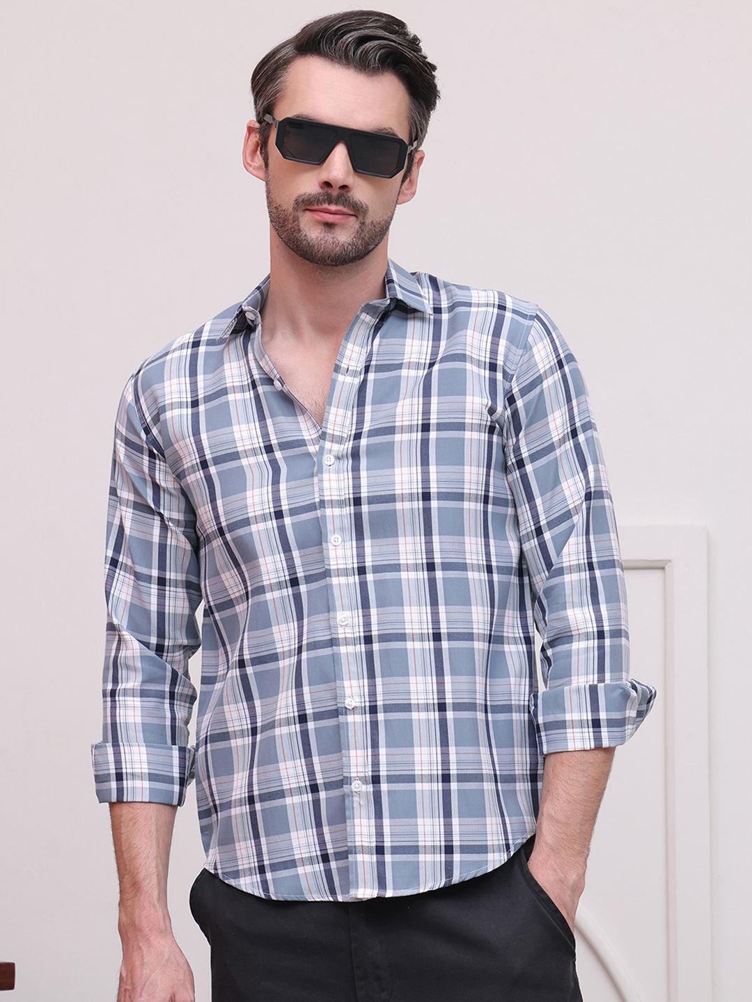 

Indian Needle Men Classic Spread Collar Checked Cotton Casual Shirt, Blue