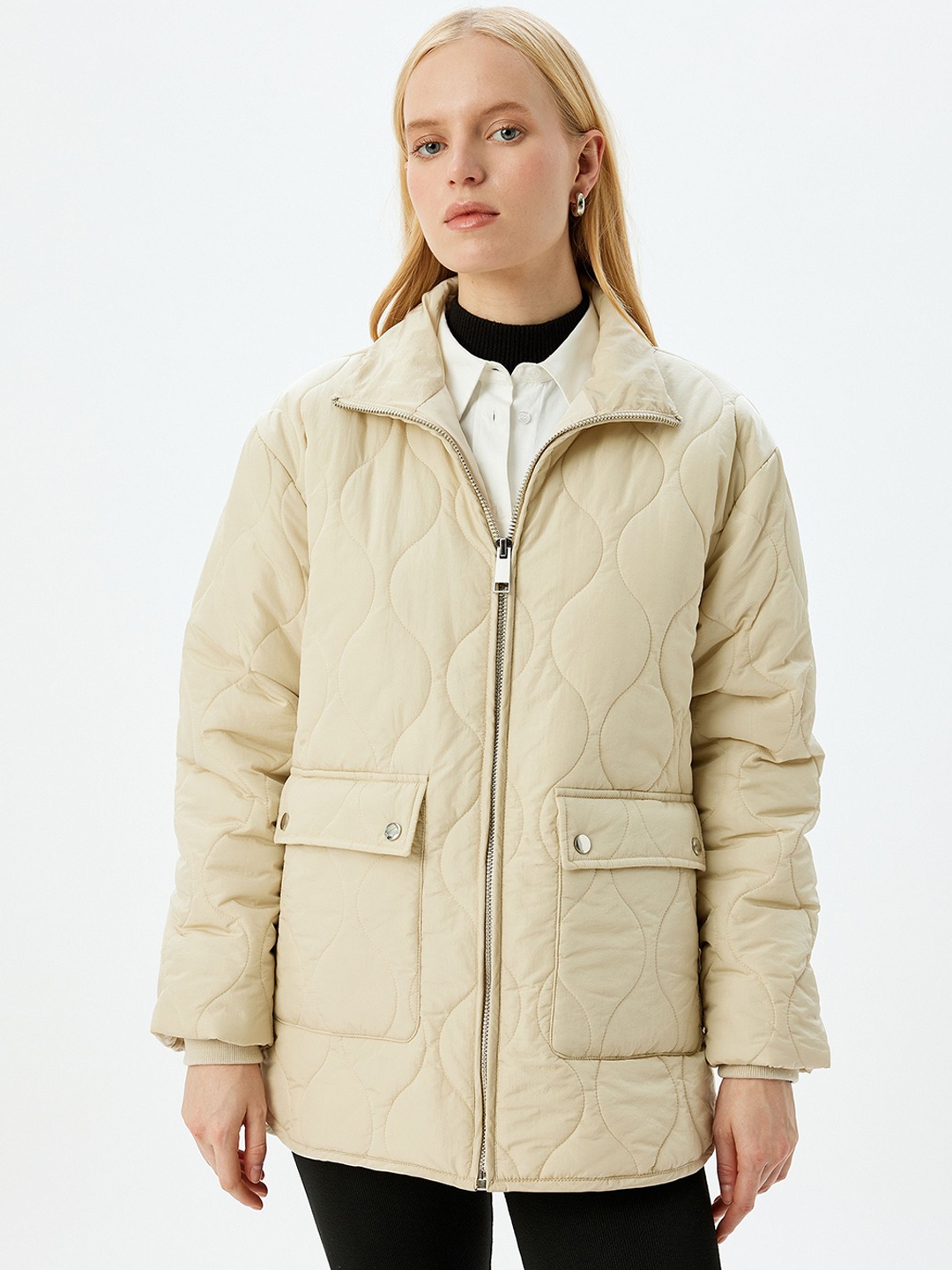 

Koton Women Mock Collar Solid Casual Padded Jacket, Beige