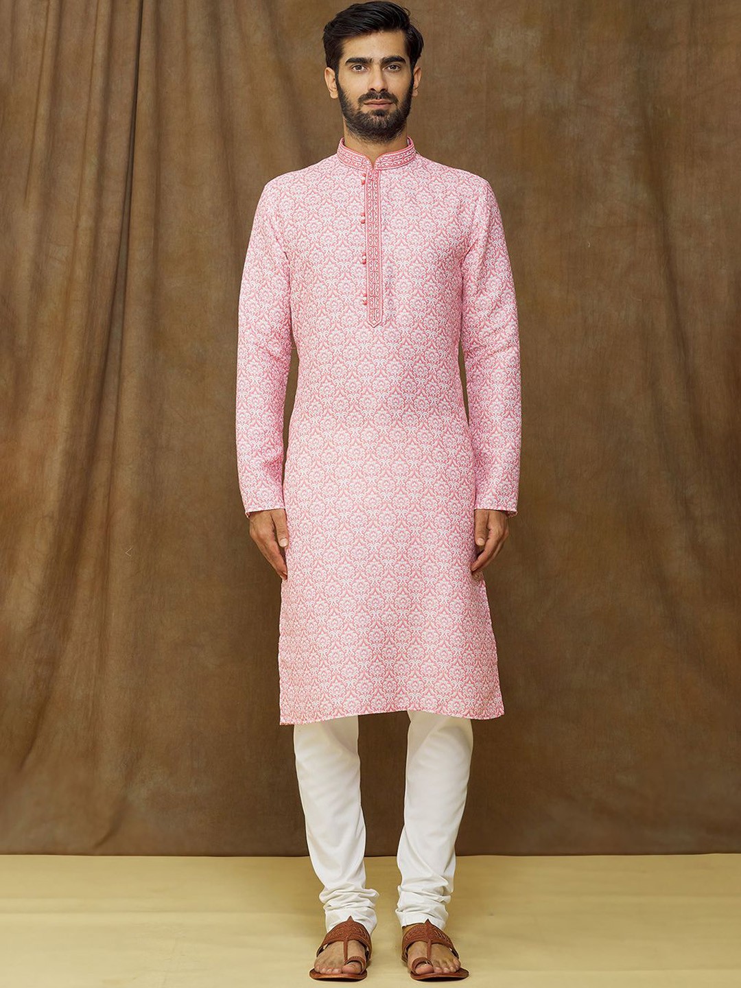 

Samyukta Singhania Floral Printed Thread Work Straight Kurta with Trouser, Pink