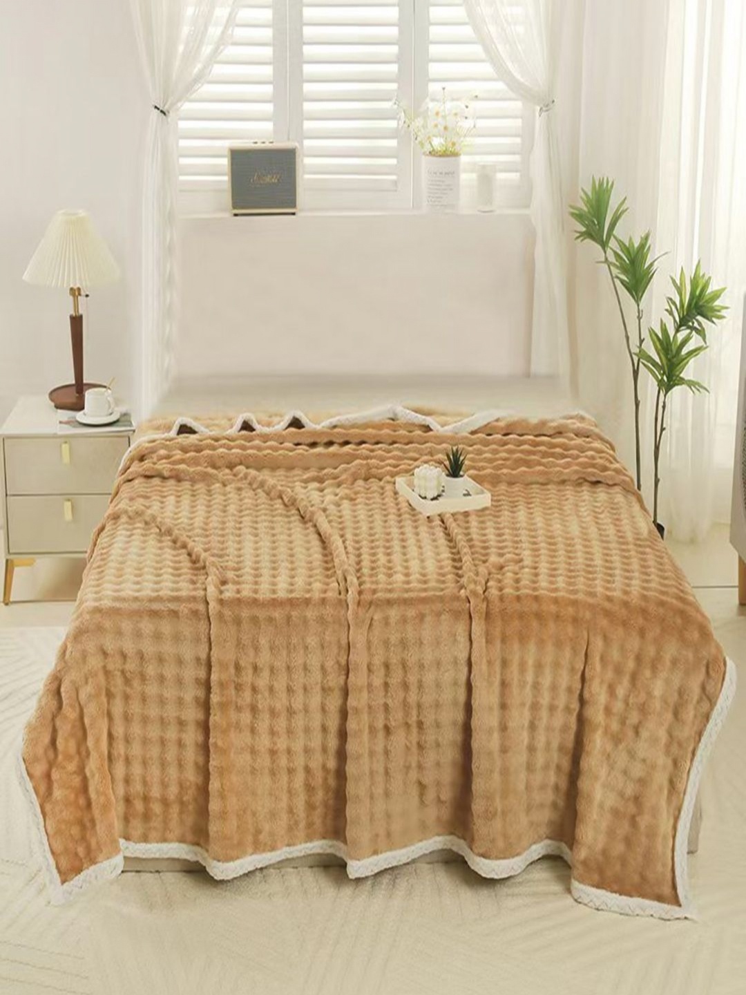 

JC HOME Camel Brown Checked AC Room 300 GSM Single Bed Blanket