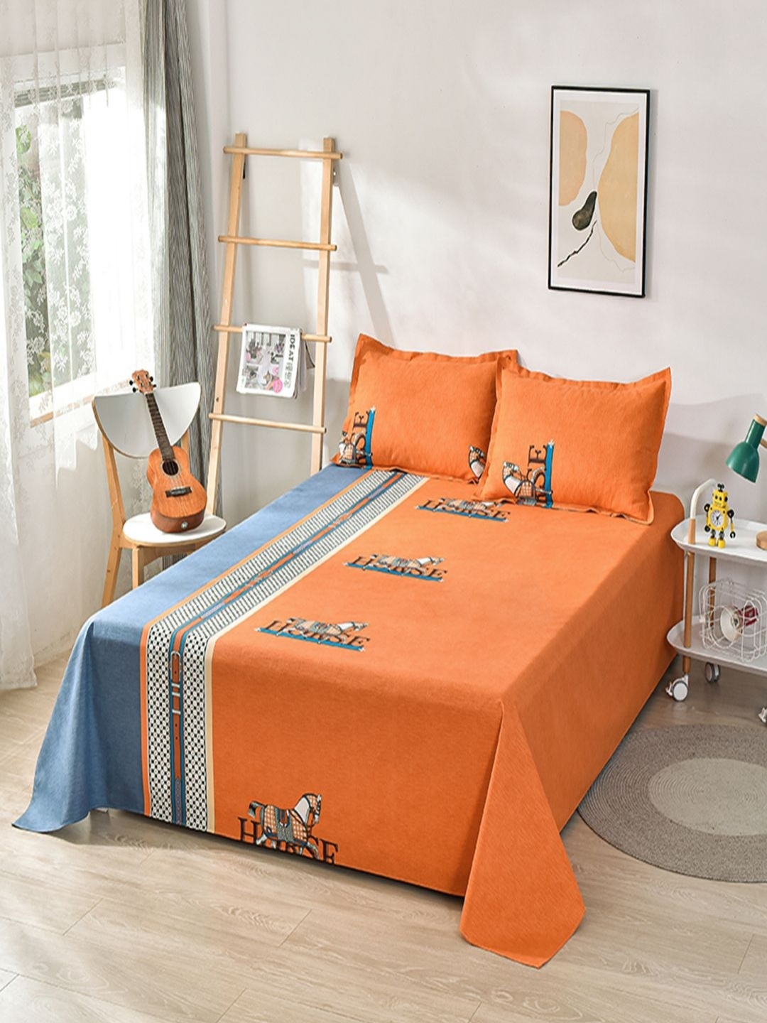 

JC HOME Orange-Coloured & Blue Printed 230TC Pure Cotton King Bedsheet Set 2.30 m x 2.00 m