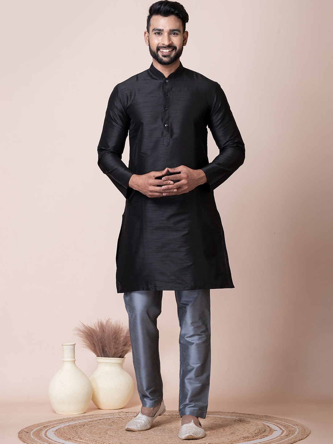 

HERE&NOW Black Mandarin Collar Long Sleeves Regular Straight Kurta