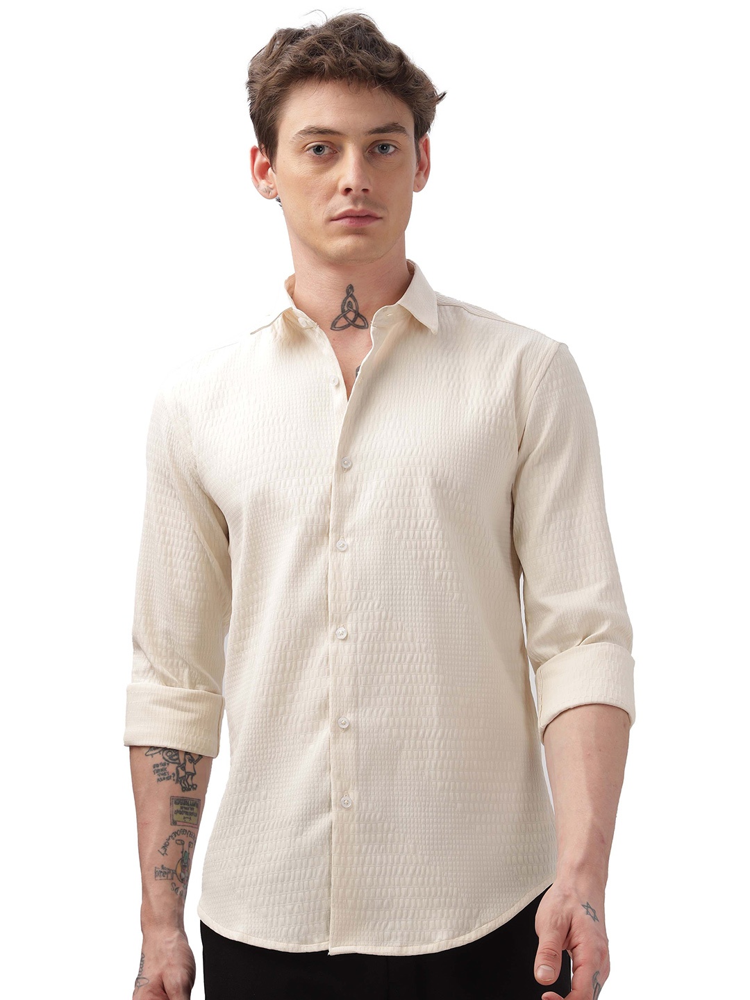 

ilyzly Men Standard Spread Collar Solid Cotton Casual Shirt, Cream