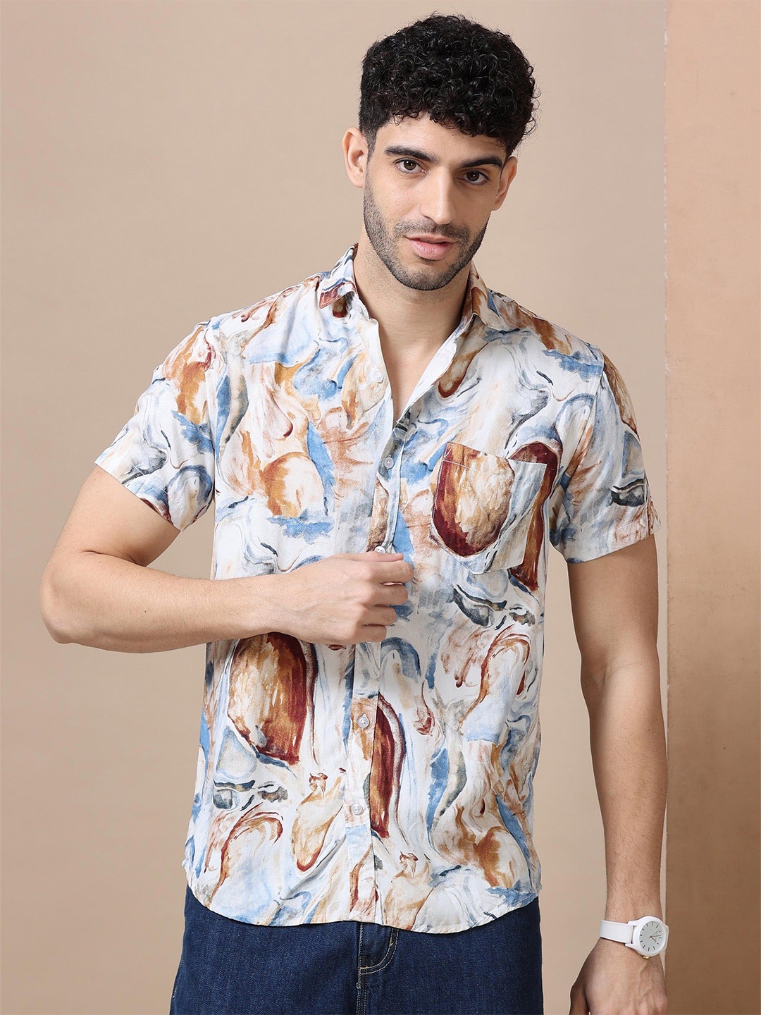 

HOUSE OF MAHNOTS Men Relaxed Spread Collar Abstract Printed Casual Shirt, Beige