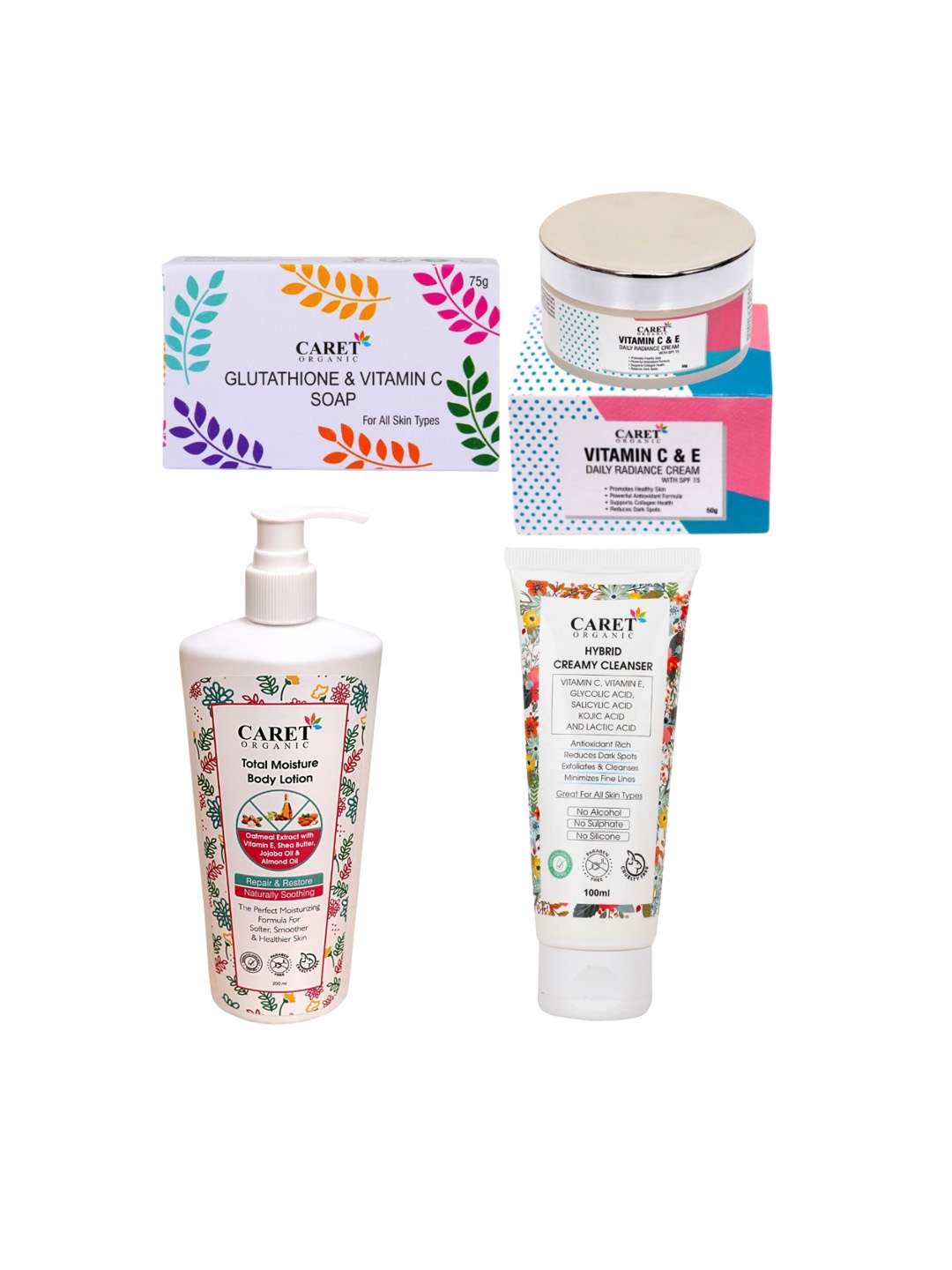 

CARET ORGANIC Set Of 4 Soap- 75 g, Body Lotion- 200 ml, Day Cream- 50 g & Cleanser- 100 ml, White