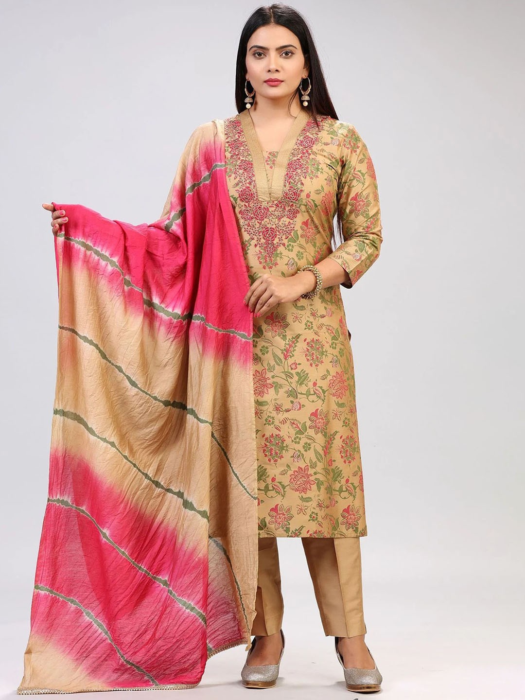 

COTTON CULTURE Floral Printed Thread Work Pure Silk Straight Kurta With Trousers & Dupatta, Gold