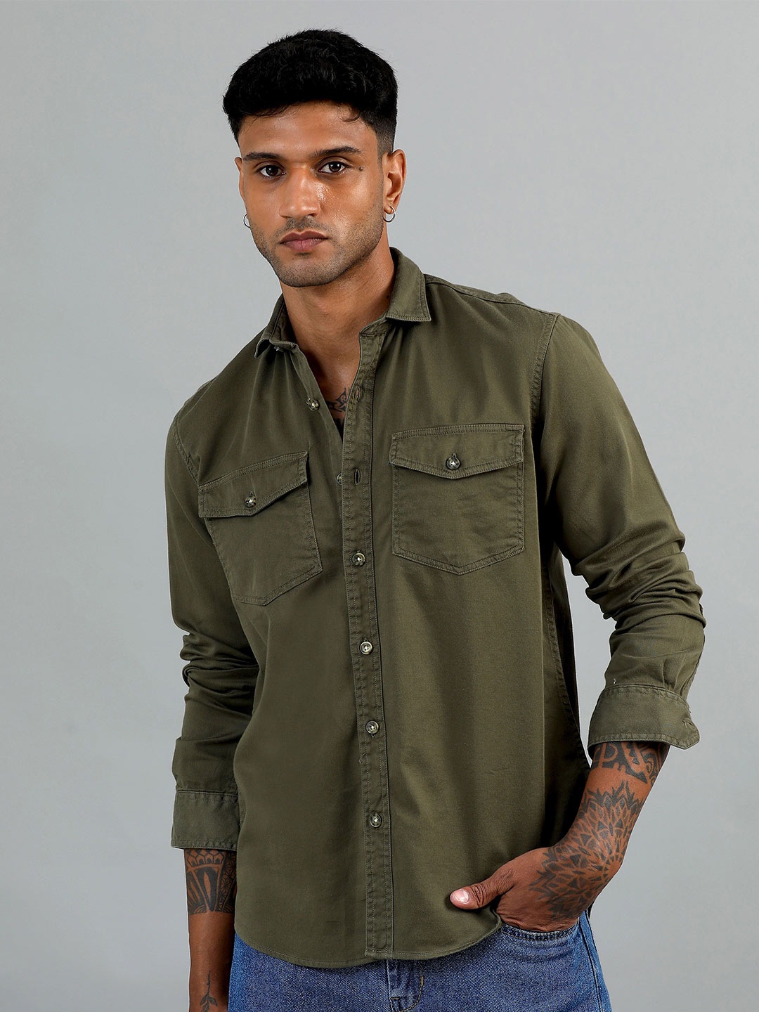 

HOUSE OF MAHNOTS Men Classic Opaque Casual Shirt, Olive