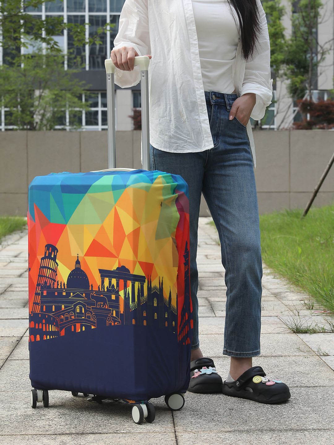 

HOKIPO Graphic History Hopper Printed Medium Trolley Suitcase Cover, Blue