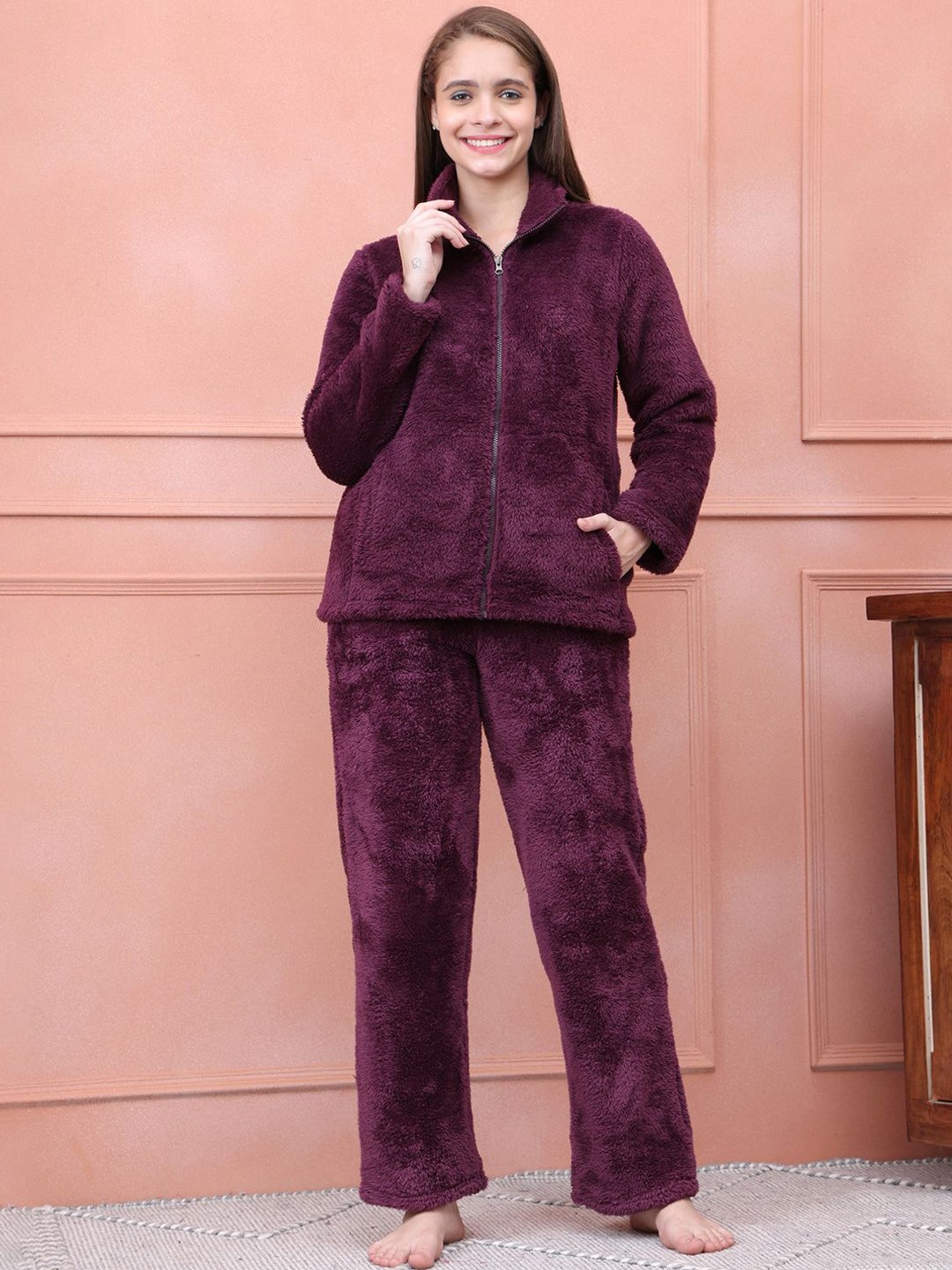 

Kanvin Women Shirt Collar Long Sleeves Night suit, Purple