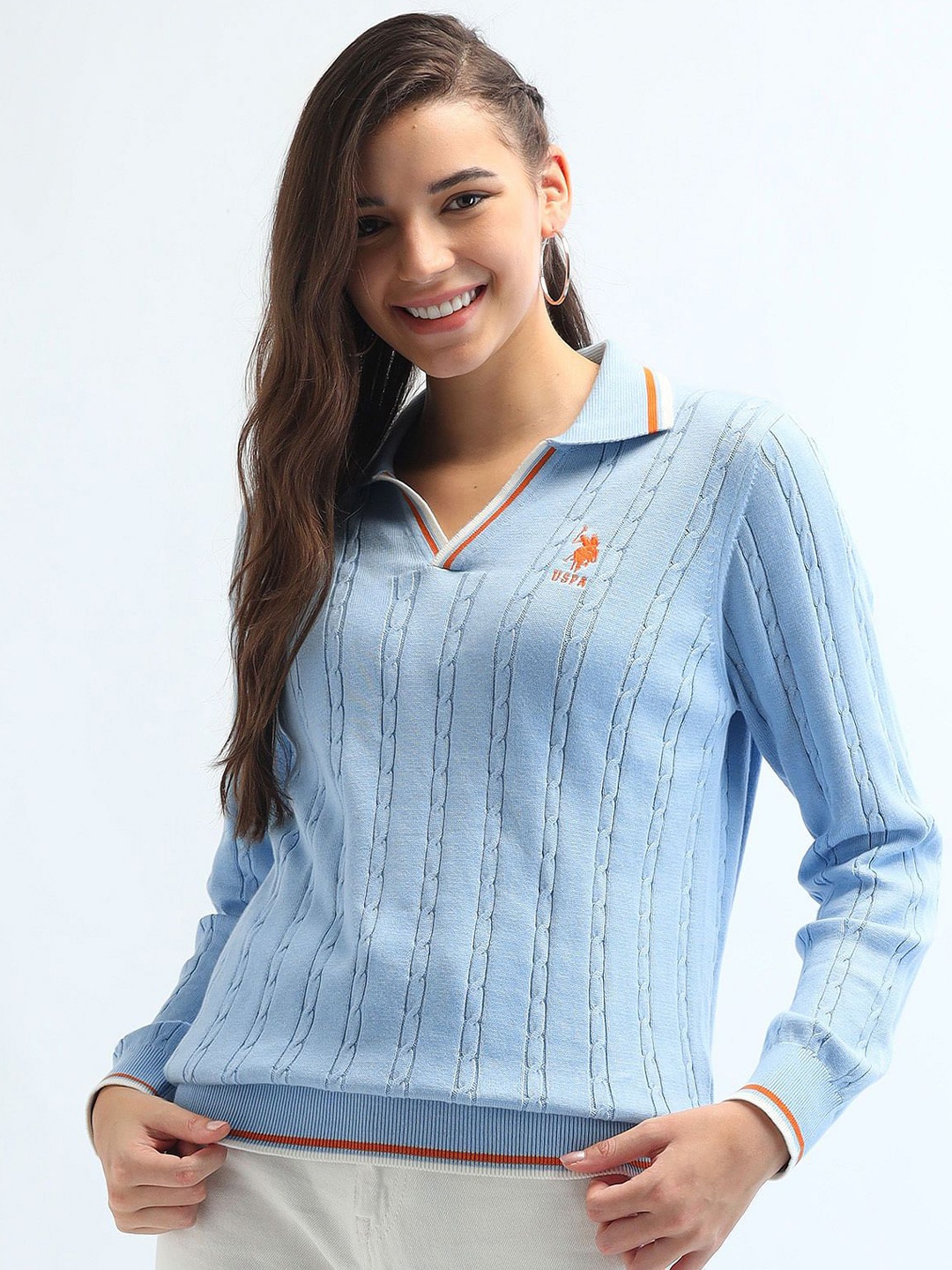 

U.S. Polo Assn. Women Women Lapel Collar Cable Knit Pullover Sweaters, Blue