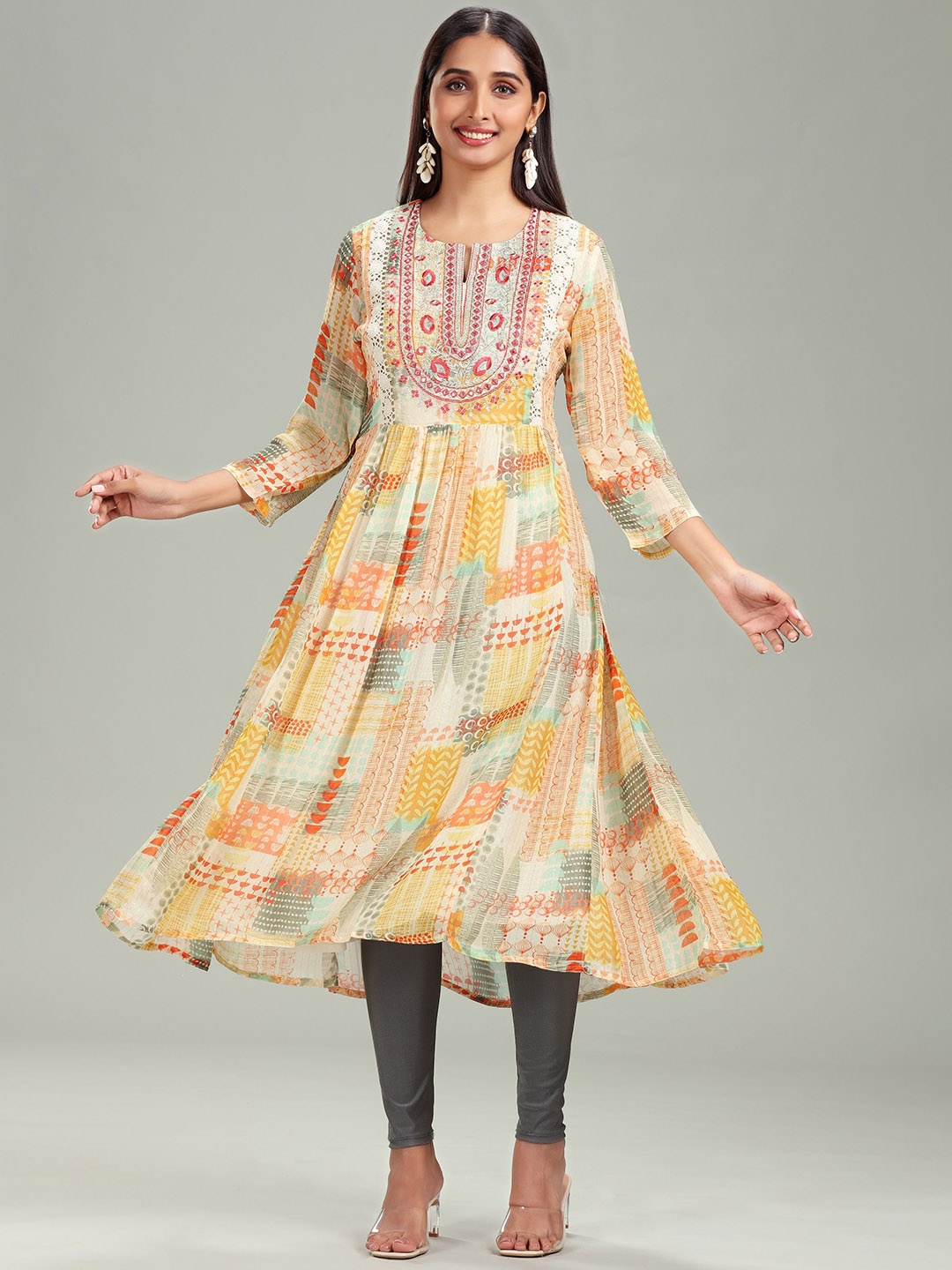

COTTON CULTURE Checked Printed Mirror Work Pleated Georgette A-Line Kurta, Multi