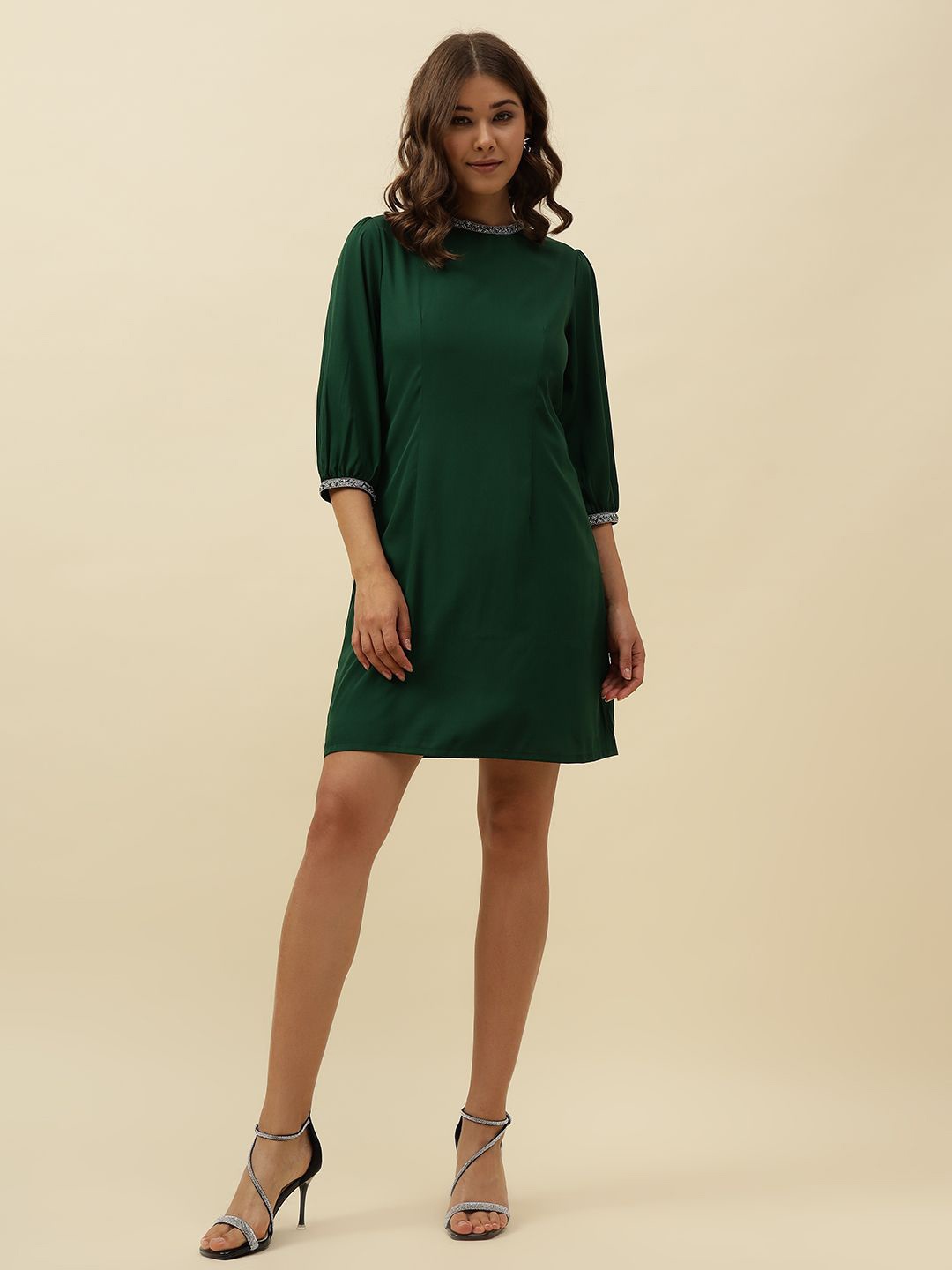 

Beatnik Women Puff Sleeve Blouson Mini Dress, Green