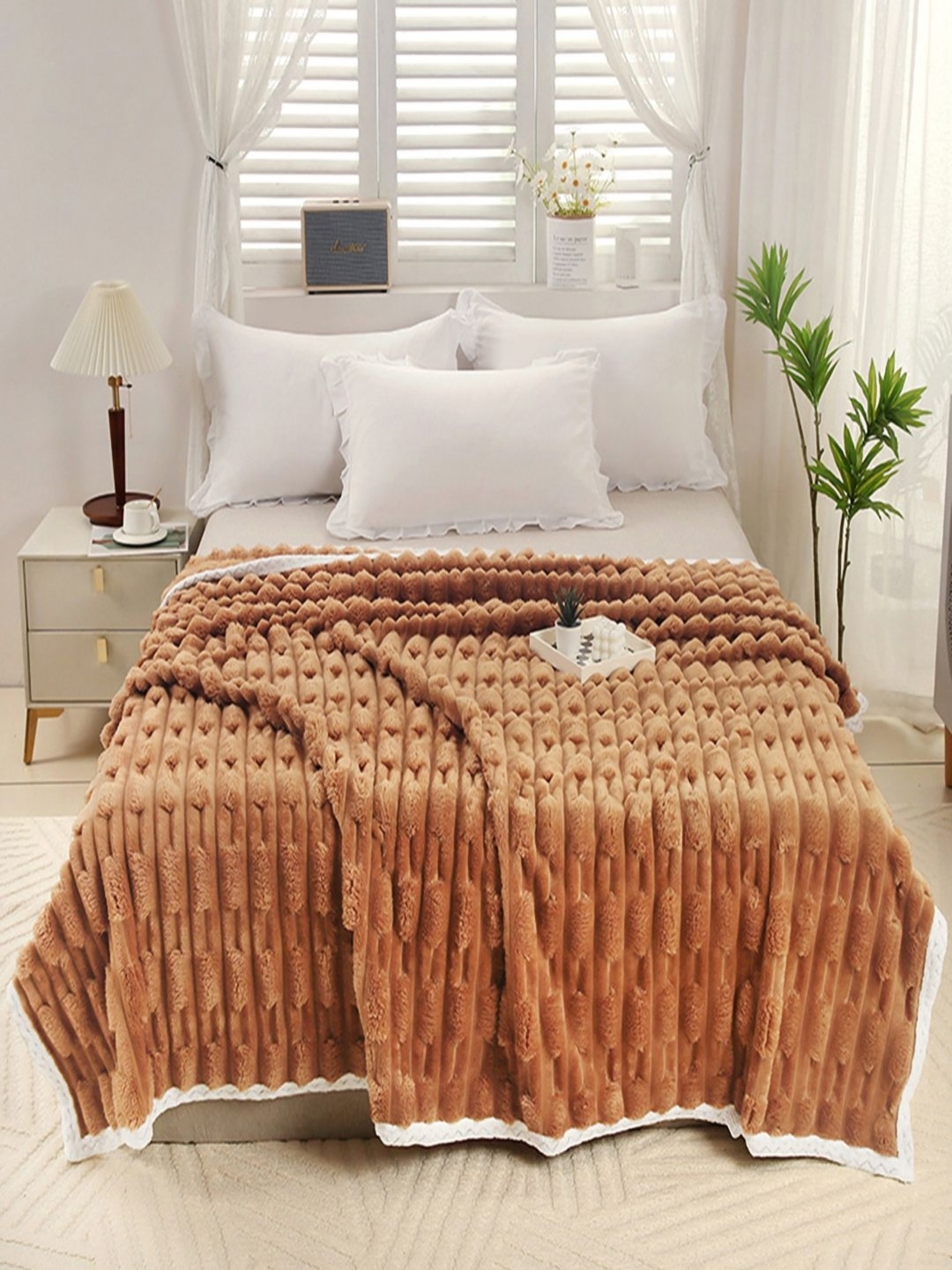 

JC HOME Camel Brown & White AC Room 400 GSM Double Bed Blanket