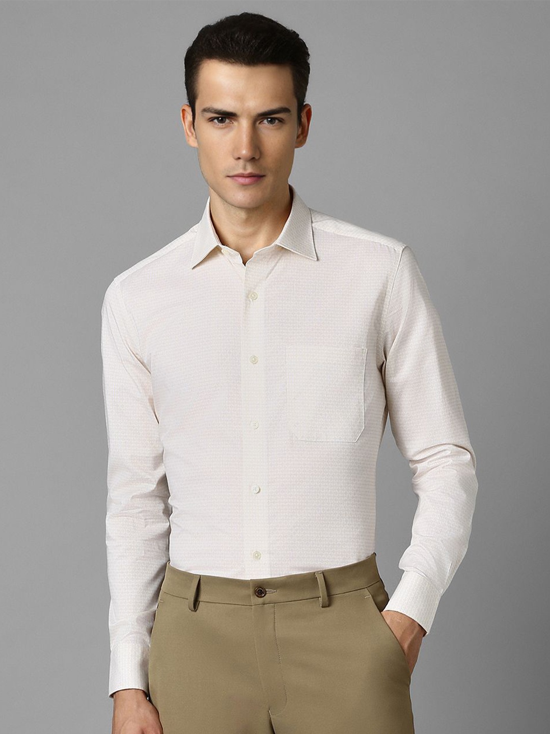 

Louis Philippe Men Classic Spread Collar Micro Checked Cotton Formal Shirt, Cream