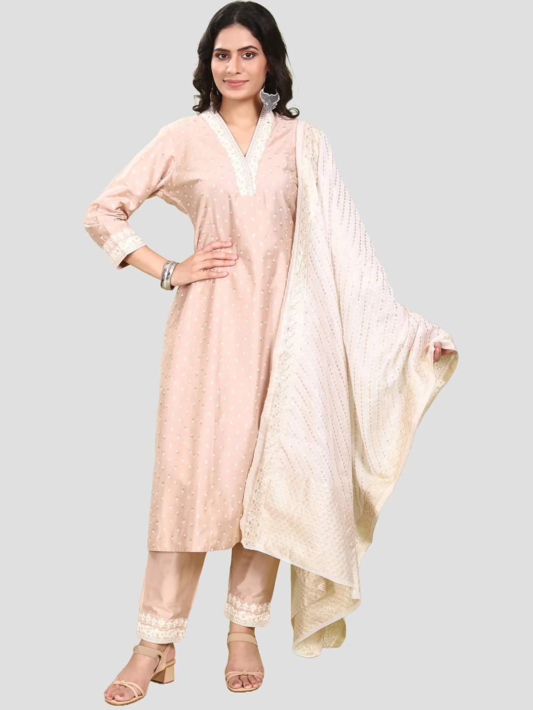 

COTTON CULTURE Floral Embroidered V-Neck A-Line Kurta With Trousers & Dupatta, Beige