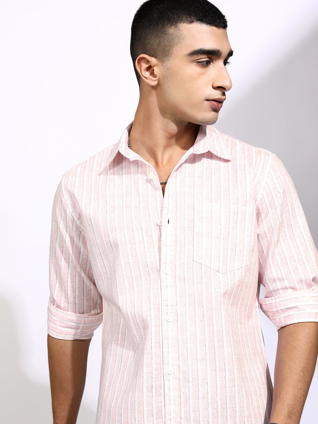 

HIGHLANDER Men Cotton Linen Printed Striped Casual Regular Fit Shirt, Pink