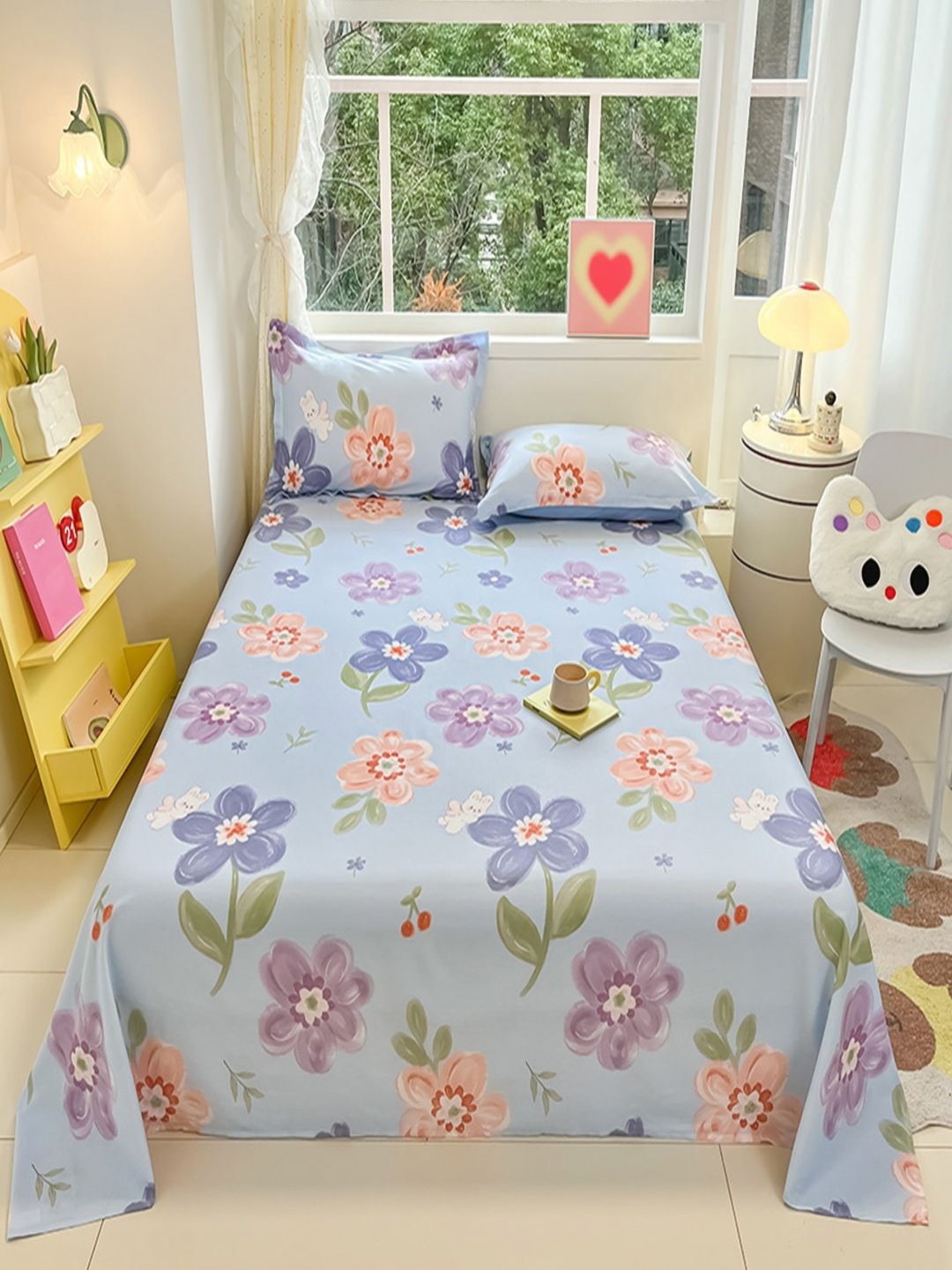 

JC HOME Blue & Green Floral Pure Cotton 220 TC Single Bedsheet Set 1.60 m x 2.30 m