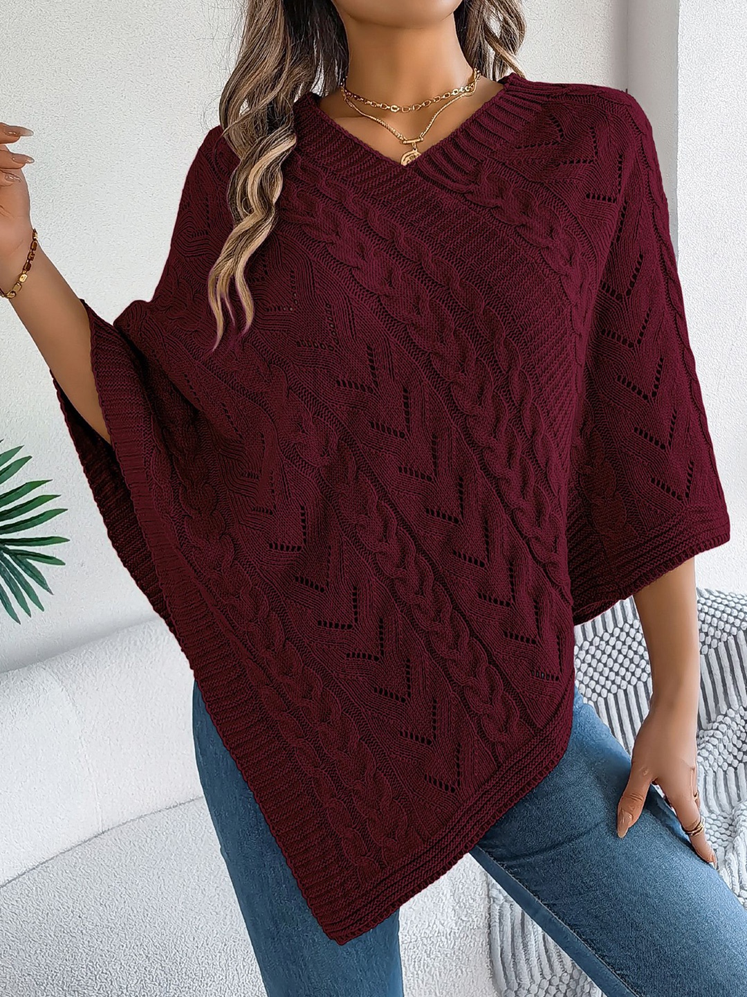 

StyleCast x Revolte Women Cable Knit Pullover Poncho, Maroon