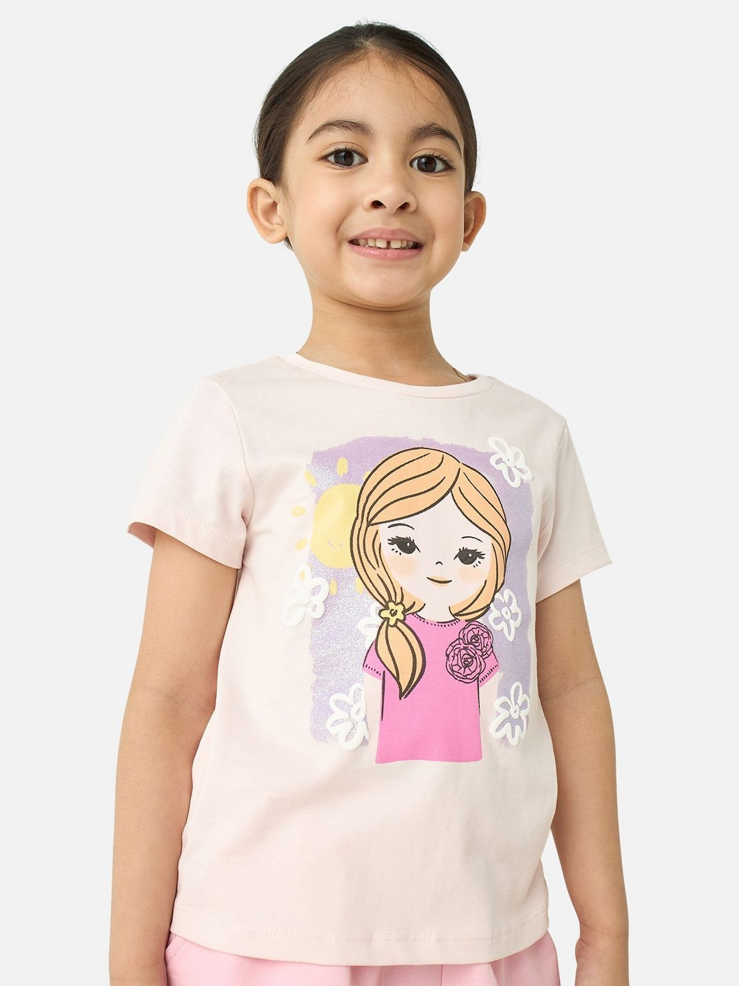

Juniors by Babyshop Girls Graphic Printed Round Neck Cotton T-shirt, Peach