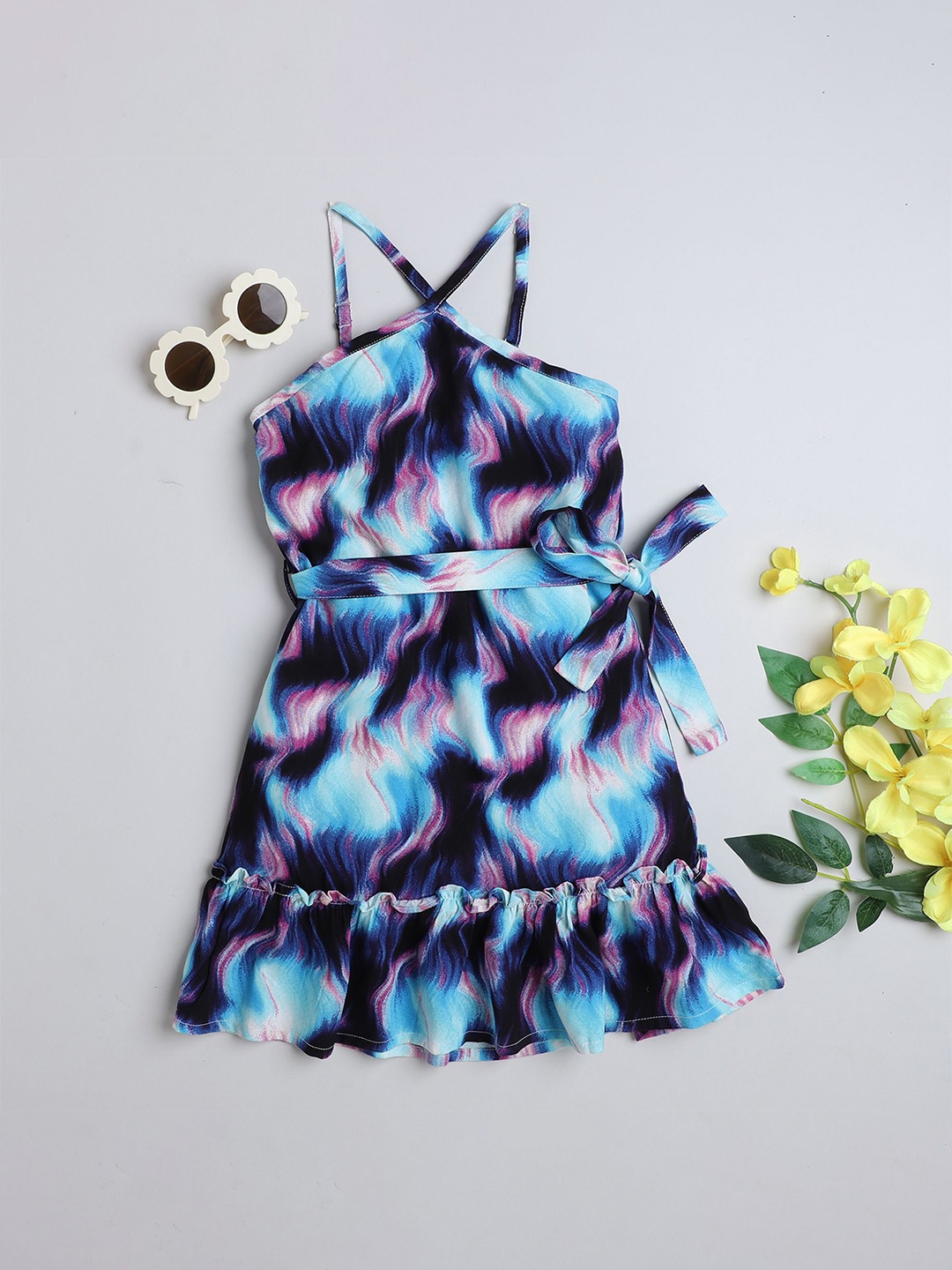 

taffykids Girl Print Halter Neck A-Line Dress, Blue