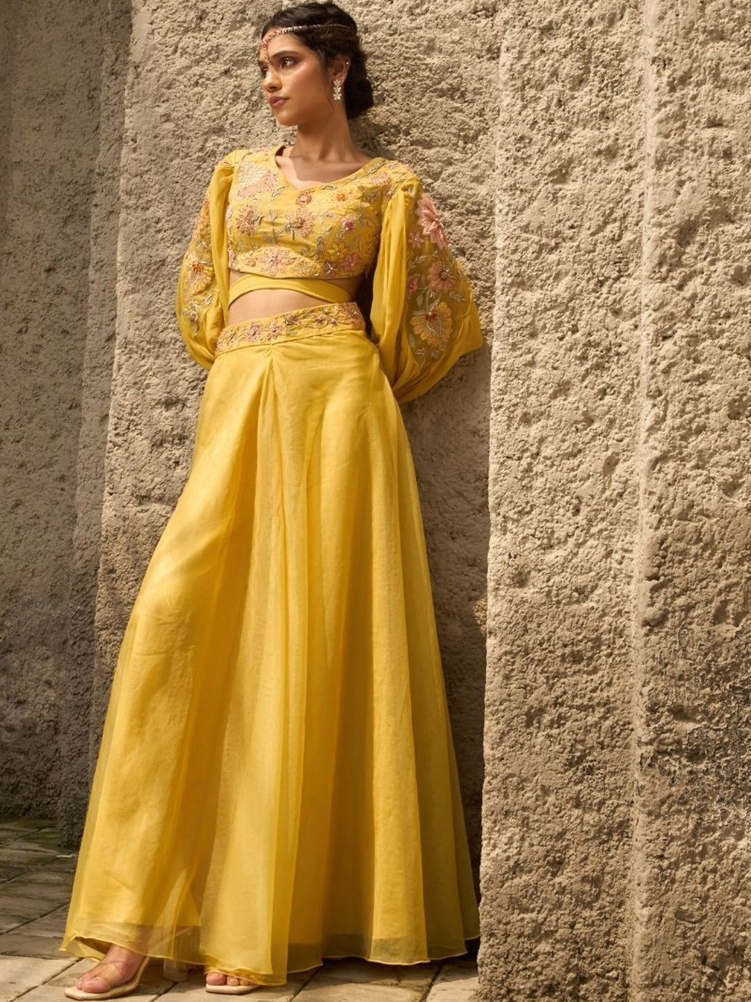 

Shreeka Embroidered Beads & Stones Crop Party Top With Palazzos, Yellow