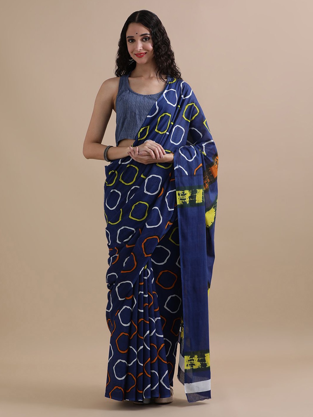 

Jaipur Kurti Geometric Printed Pure Cotton Saree, Navy blue