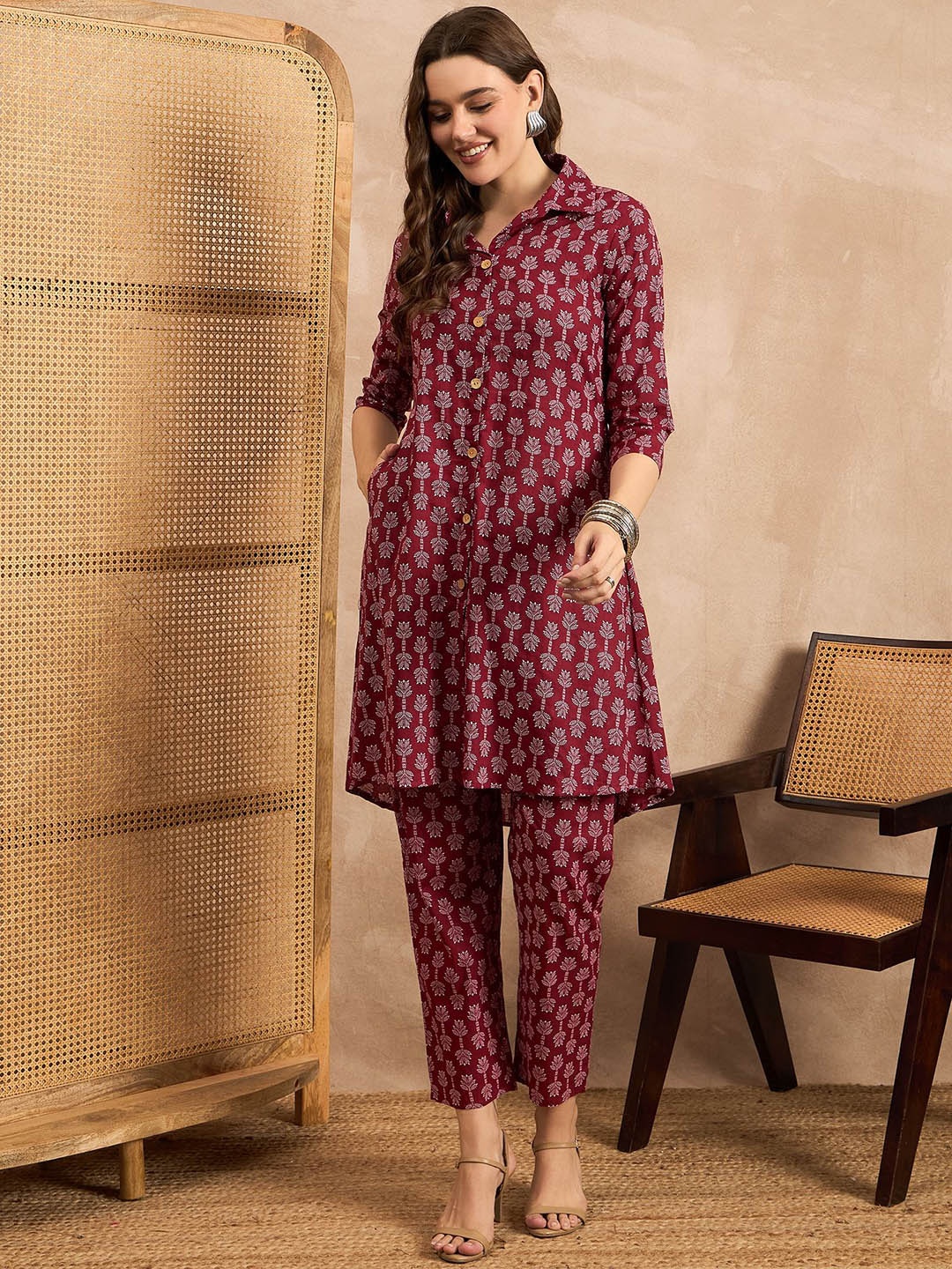 

ANEKYA Floral Printed Shirt Collar Three-Quarter Sleeves Pure Cotton Top With Trouser, Maroon