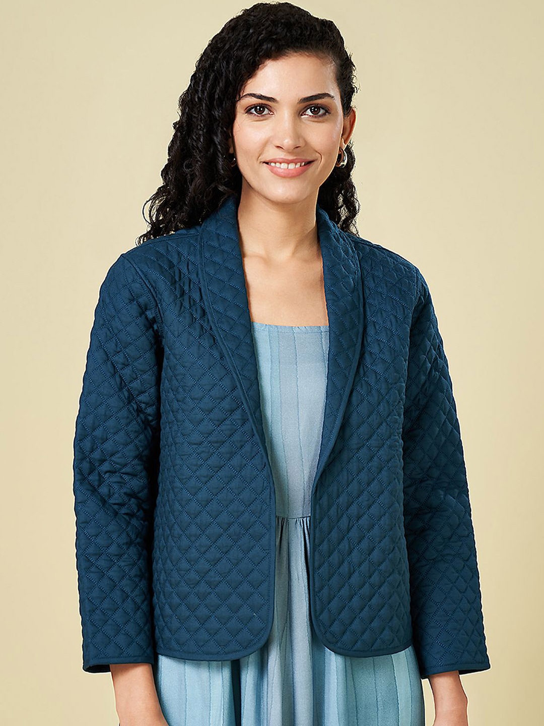 

AKKRITI BY PANTALOONS Women Geometric Longline Open Front Jacket with Embroidered, Teal