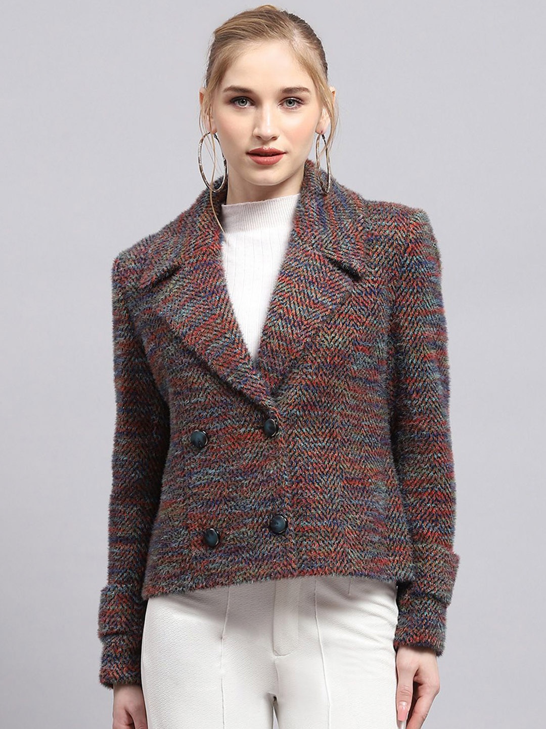 

Monte Carlo Women Self-Design Double-Breasted Overcoat, Brown
