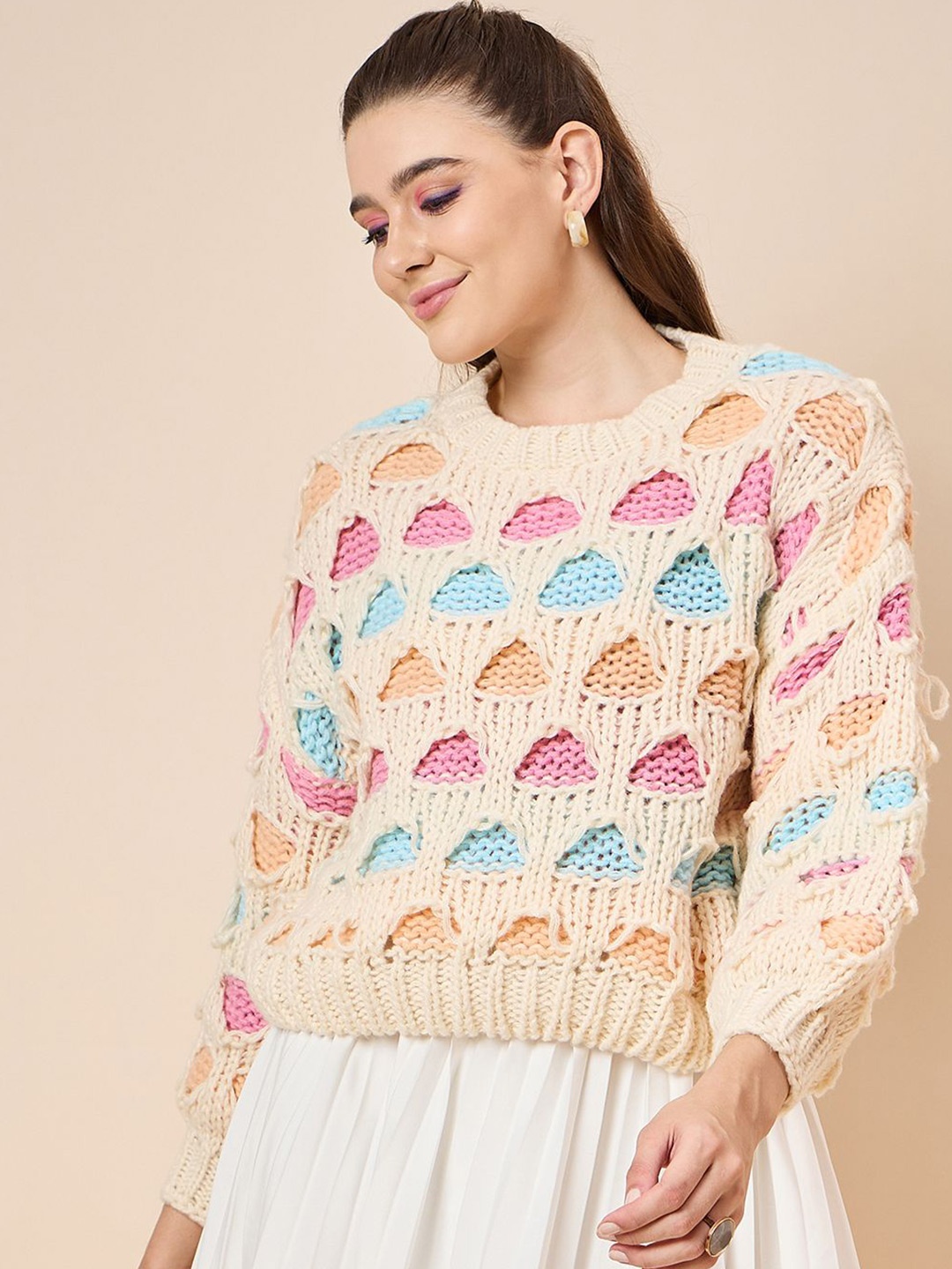 

KASMA Women Quirky Woollen Pullover Sweaters, Cream