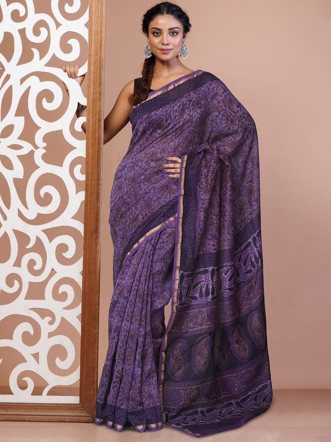 

Unnati Silks Block Printed Silk Cotton Handloom Chanderi Saree, Violet