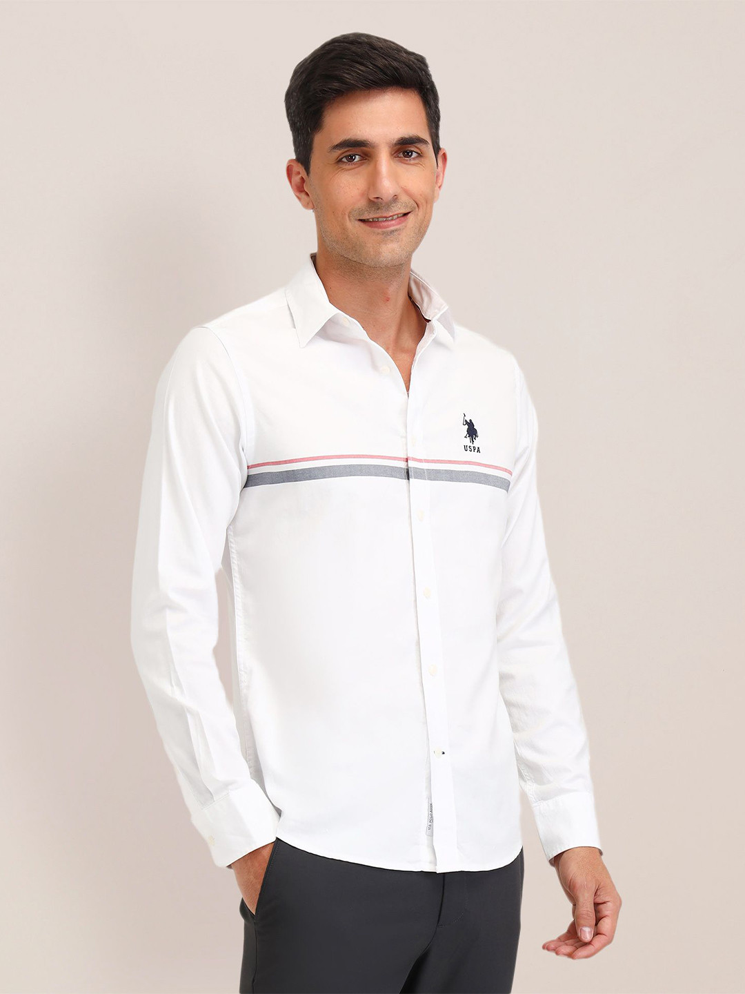 

U.S. Polo Assn. Men Classic Spread Collar Horizontal Striped Cotton Casual Shirt, White